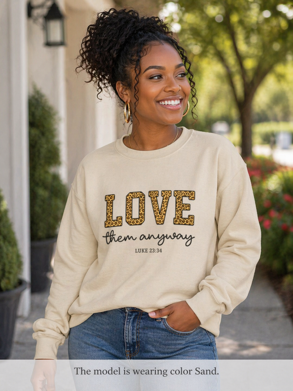 Womens Love Them Anyway Crewneck Sweatshirt — Inspirational Leopard Lettering, Luke 6:35