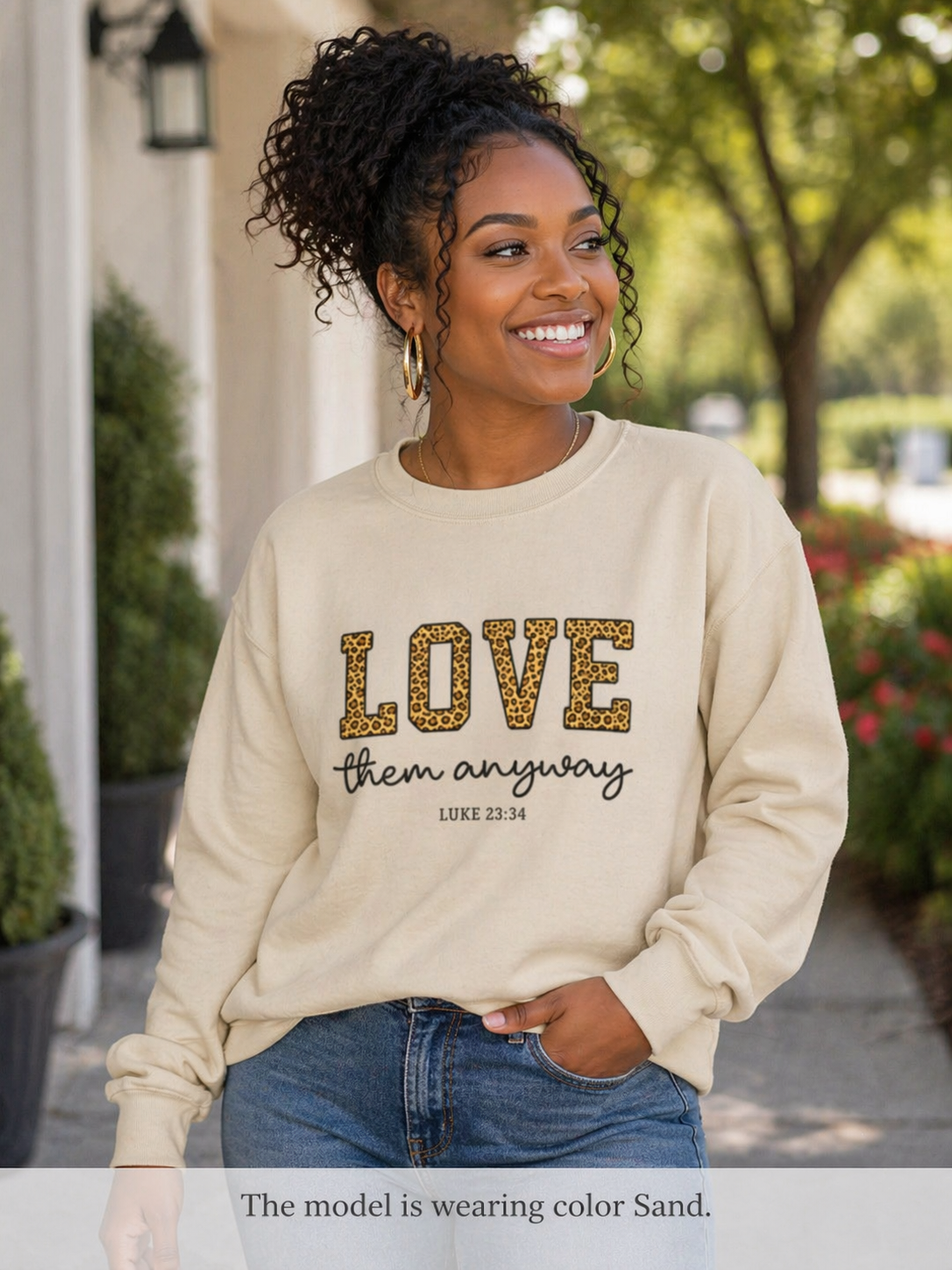 Womens Love Them Anyway Crewneck Sweatshirt — Inspirational Leopard Lettering, Luke 6:35