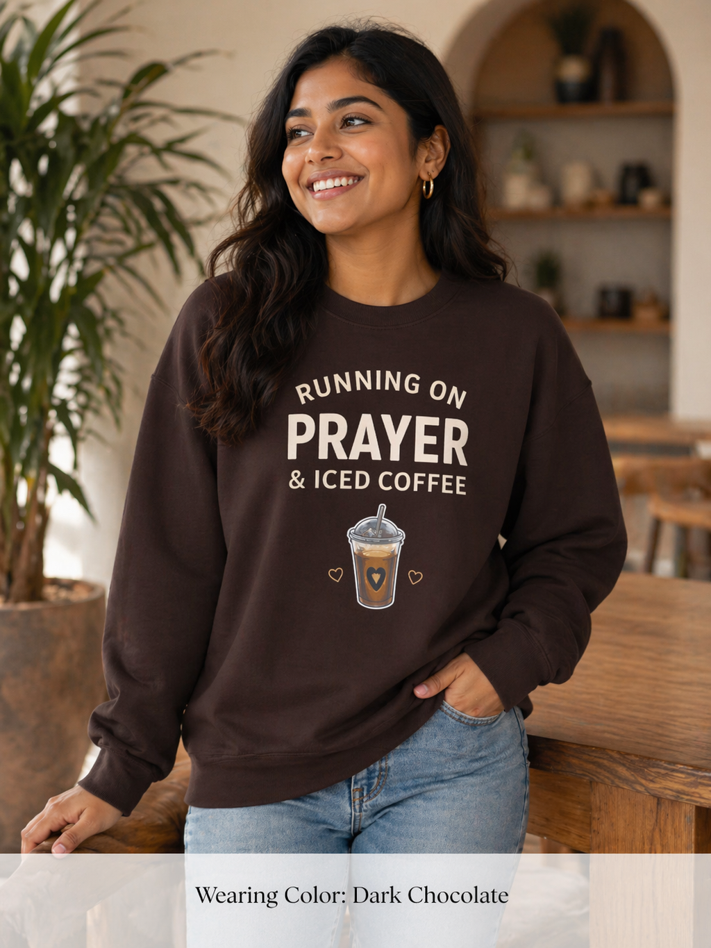 Womens Sweatshirt – "Running on Prayer & Iced Coffee" Crewneck