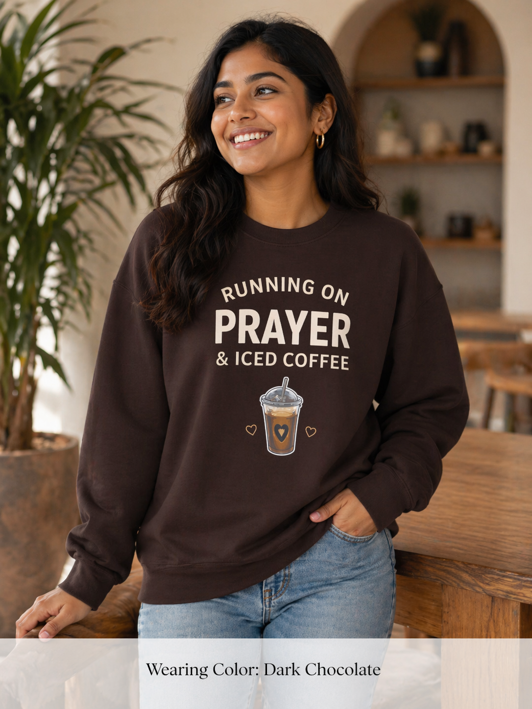Womens Sweatshirt – "Running on Prayer & Iced Coffee" Crewneck