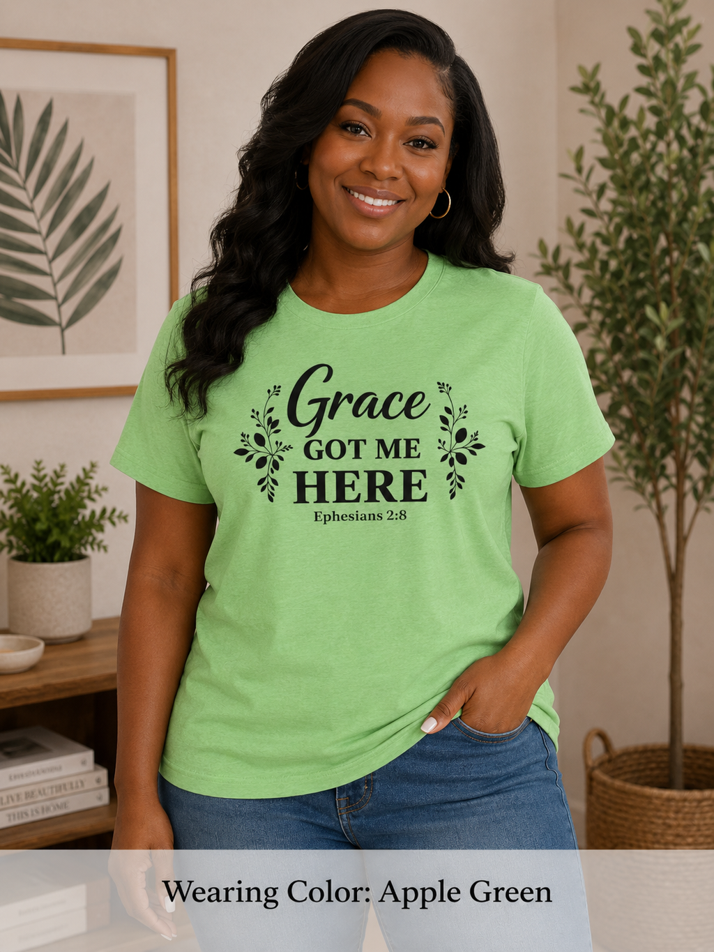Womens Grace Got Me Here Christian T-Shirt — Ephesians 2:8