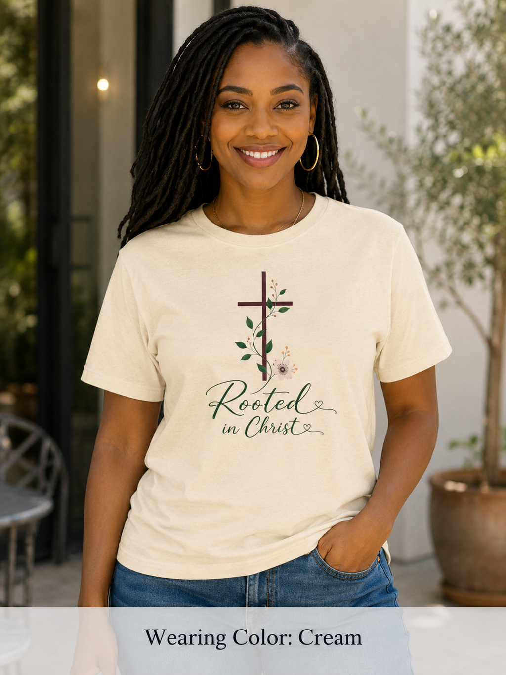 Womens Rooted in Christ Bible and Cross T-shirt | Christian Faith Tee