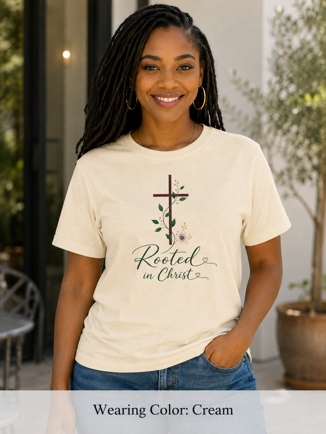 Womens Rooted in Christ Bible and Cross T-shirt | Christian Faith Tee
