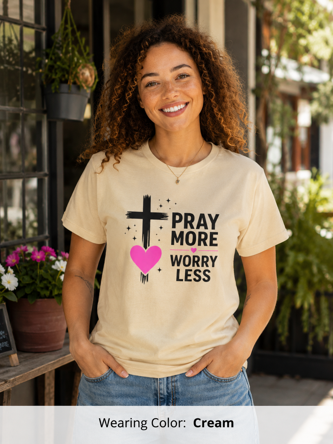 Womens Pray More Worry Less Heart  T-shirt | Faith Christian tee