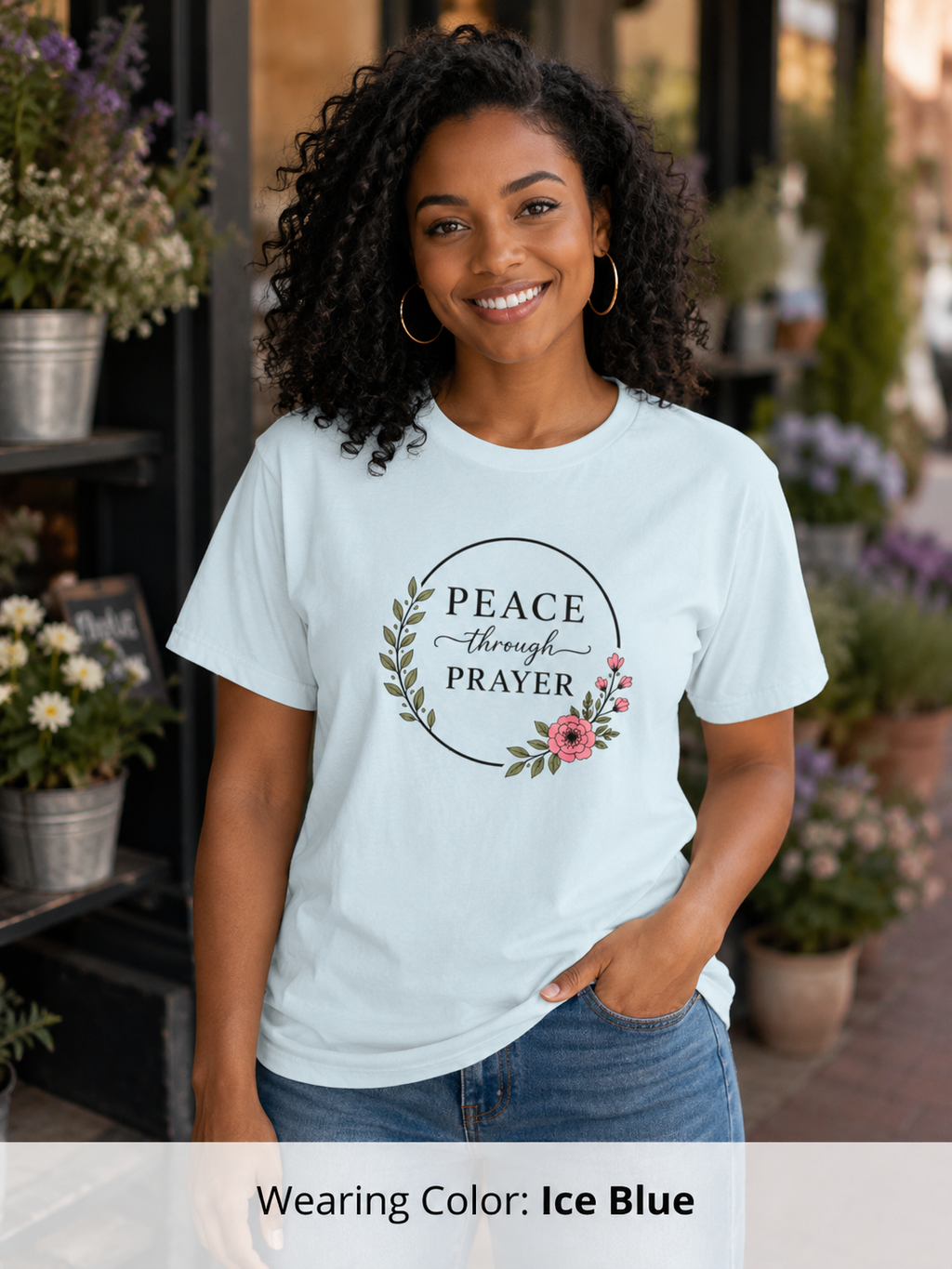 Womens Peace Through Prayer T-Shirt | Christian Faith Cross