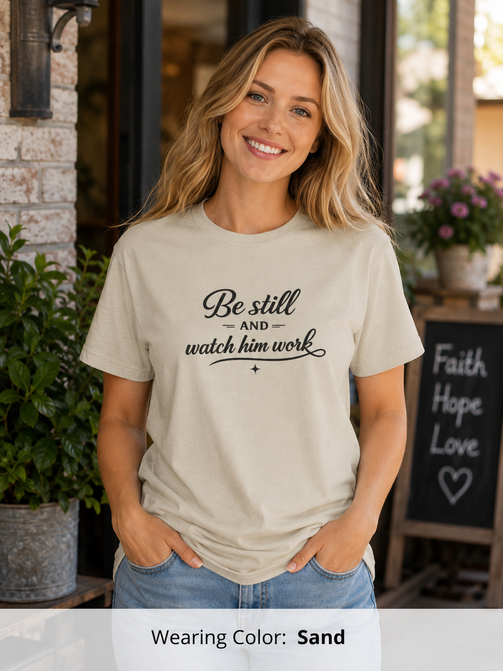 Womens Be Still and Watch Him Work T-Shirt | Christian Faith Scripture Tee