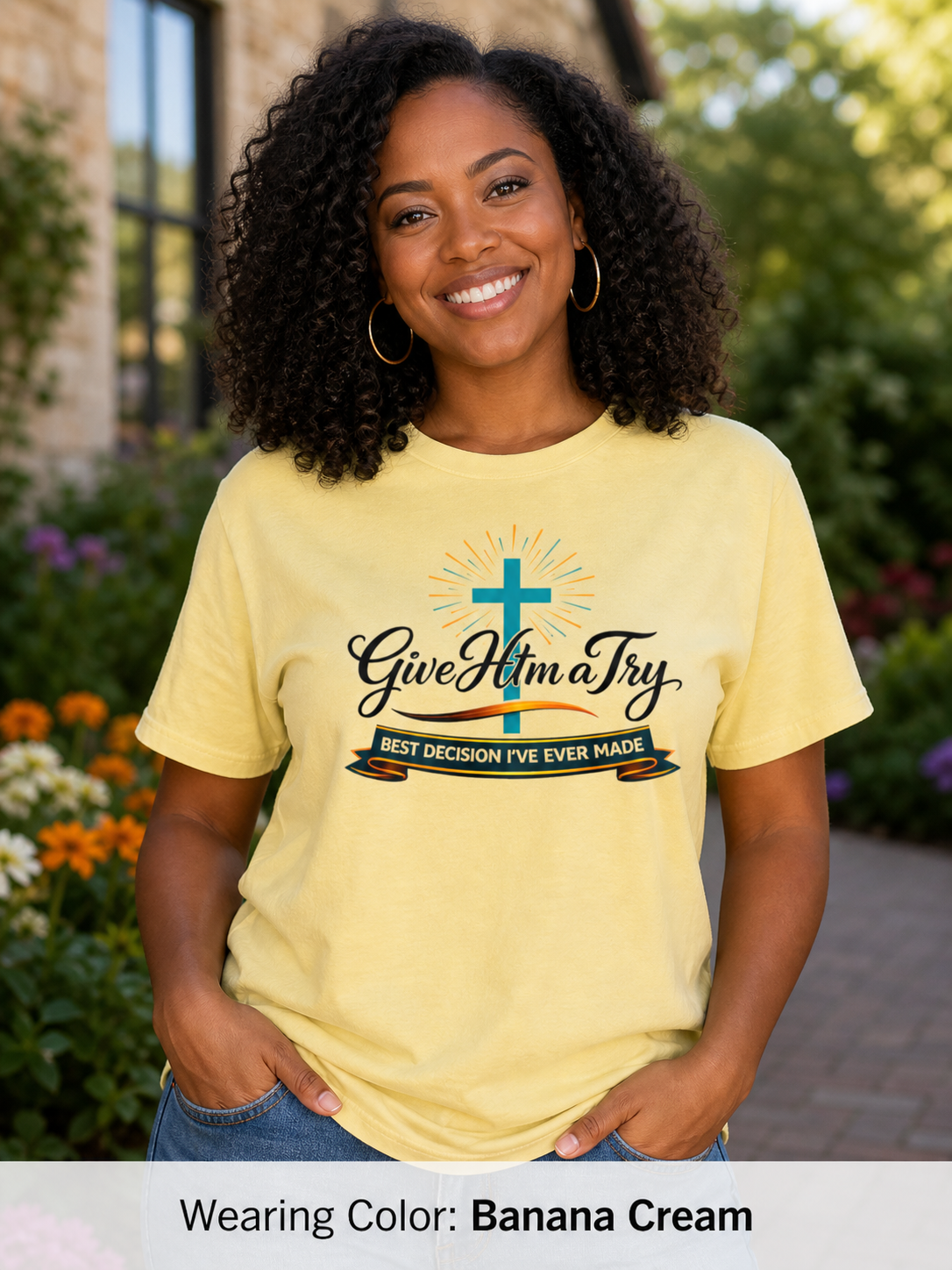 Womens Give Him a Try cross design T-Shirt | Christian faith shirt