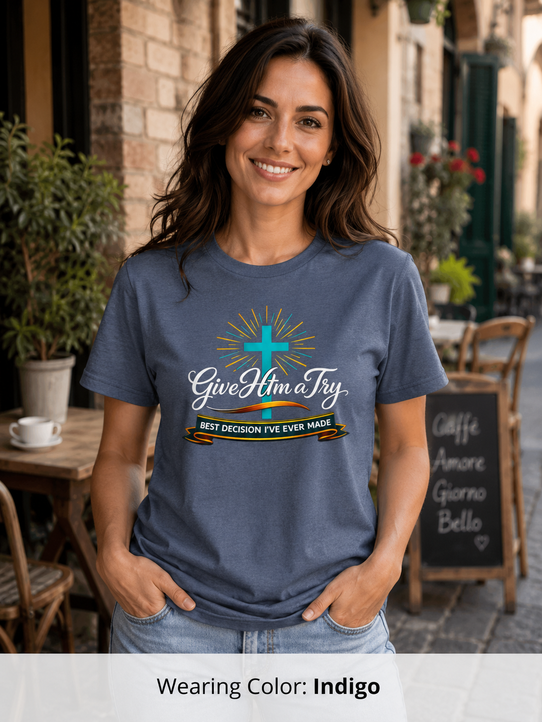 Womens Give Him a Try cross design T-Shirt | Christian faith shirt