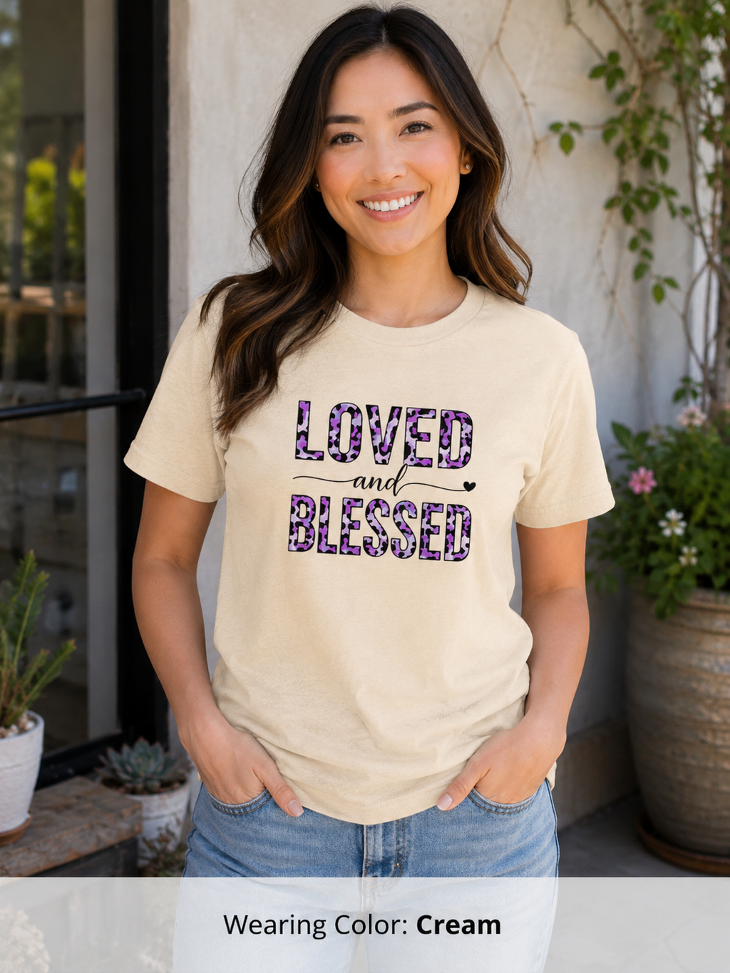 Womens Loved & Blessed floral script T-shirt | rose wreath design