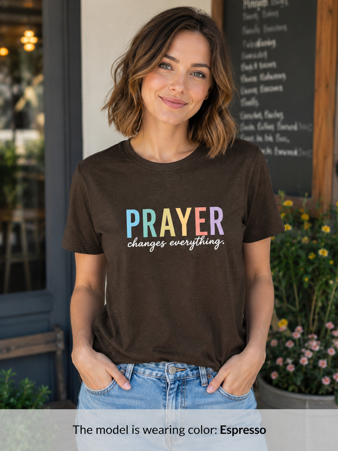 Womens Prayer Graphic T-Shirt — Colorful Typographic Faith Tee