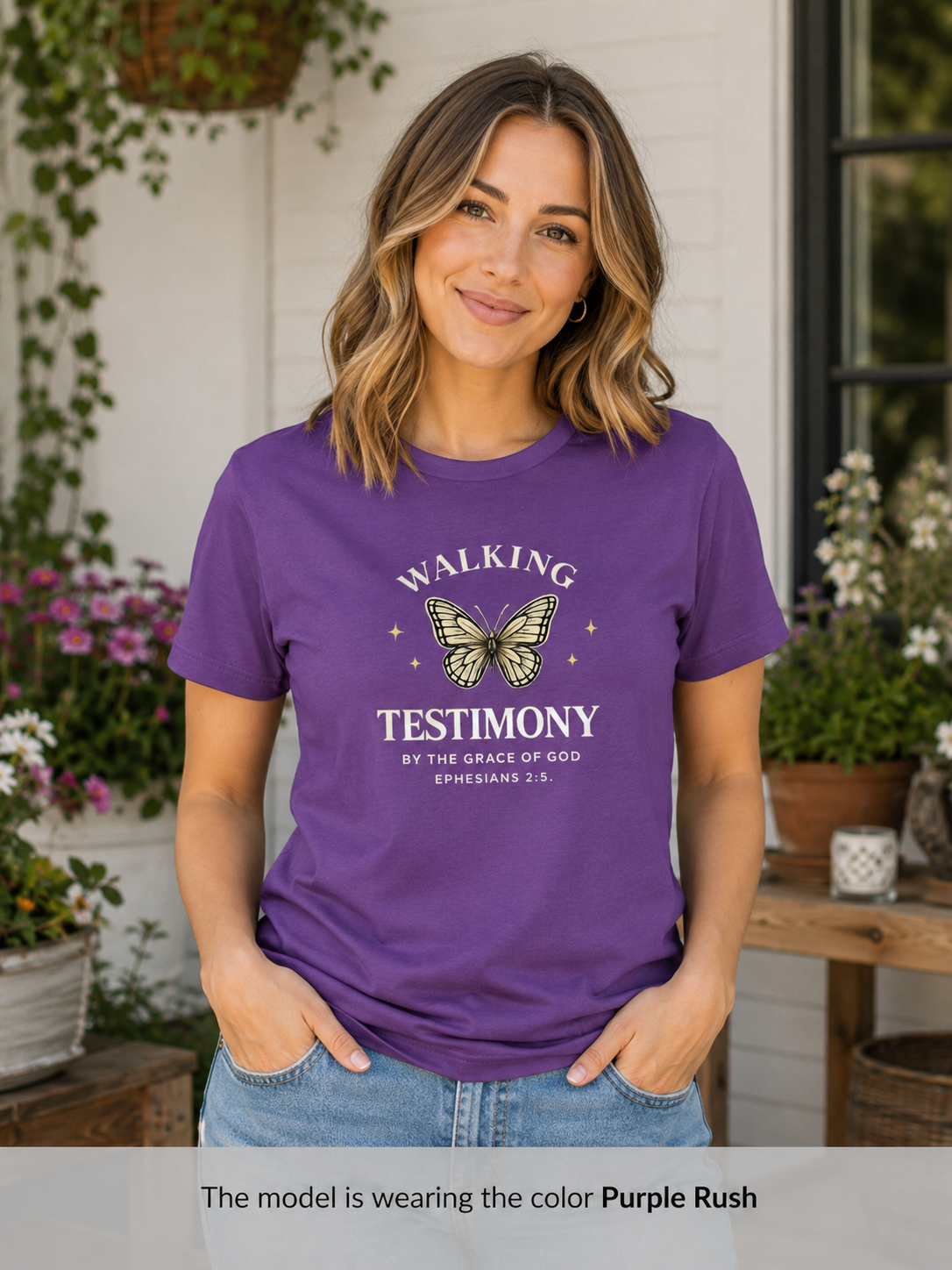 Womens Walking Testimony T-Shirt — “By the Grace of God” Christian Tee (Ephesians 2:8)