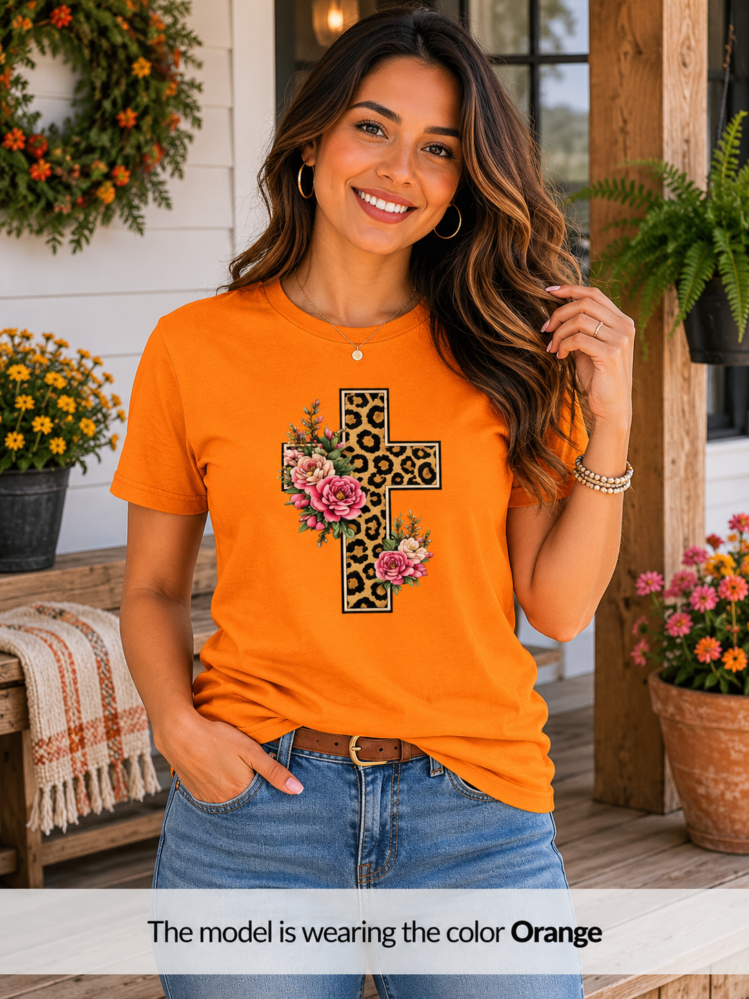 Womens Floral/ Leopard Cross T-Shirt Graphic Tee