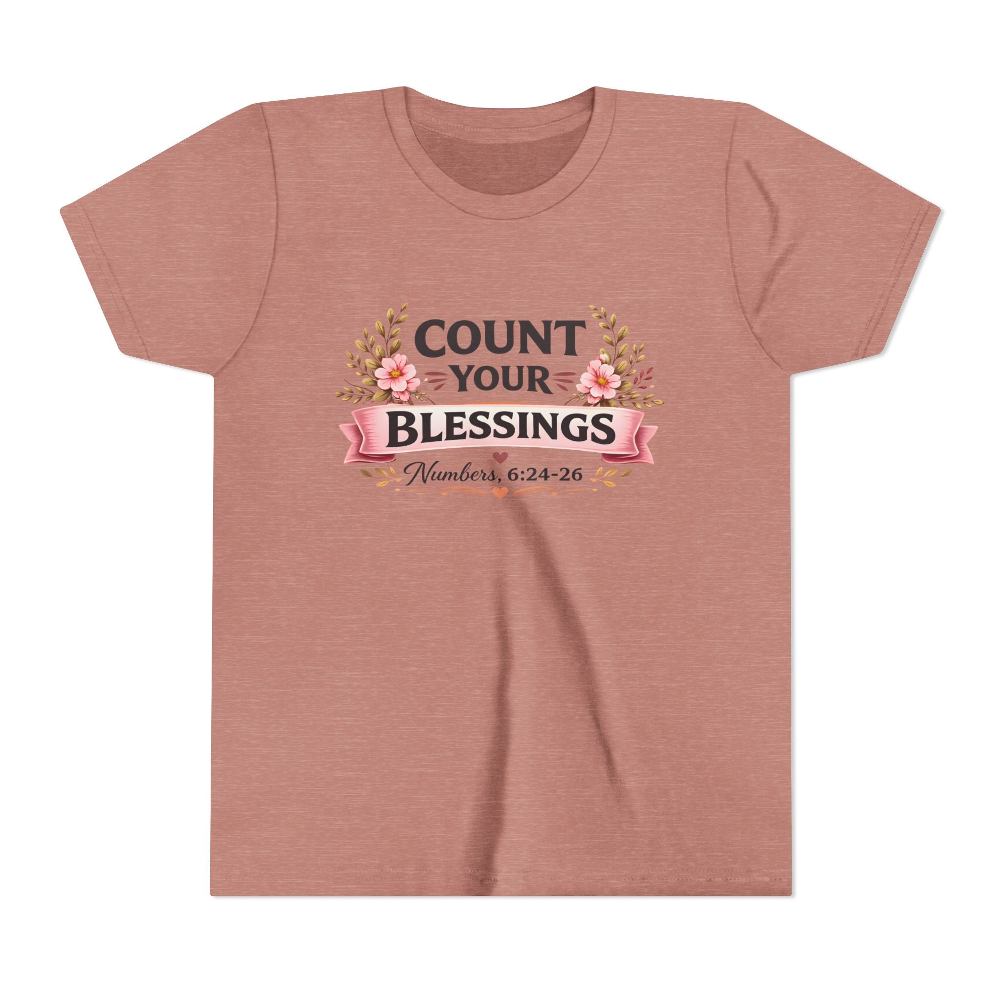 Girls Youth Tee - "Count Your Blessings" Floral Scripture Kids Shirt (Numbers 6:24-26)