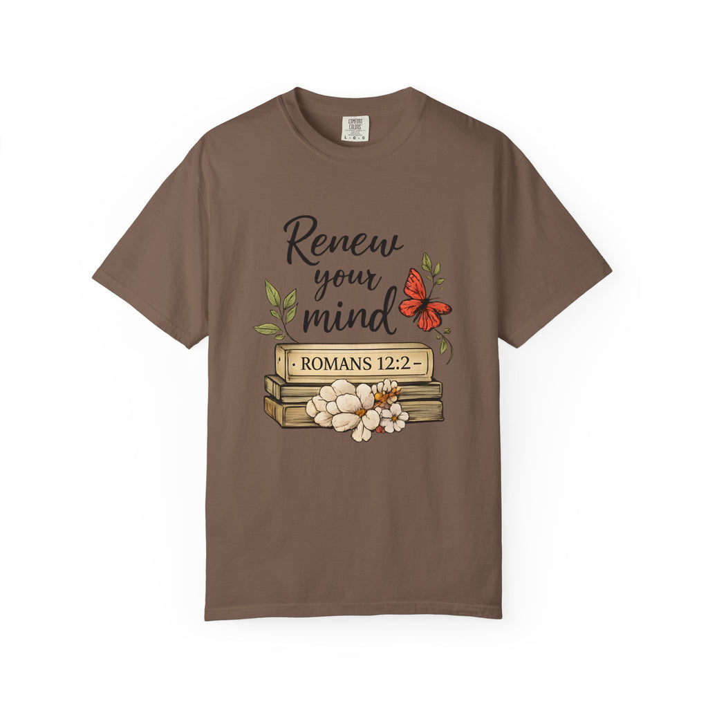Renew Your Mind T-Shirt – Romans 12:2 Floral Butterfly Christian Tee