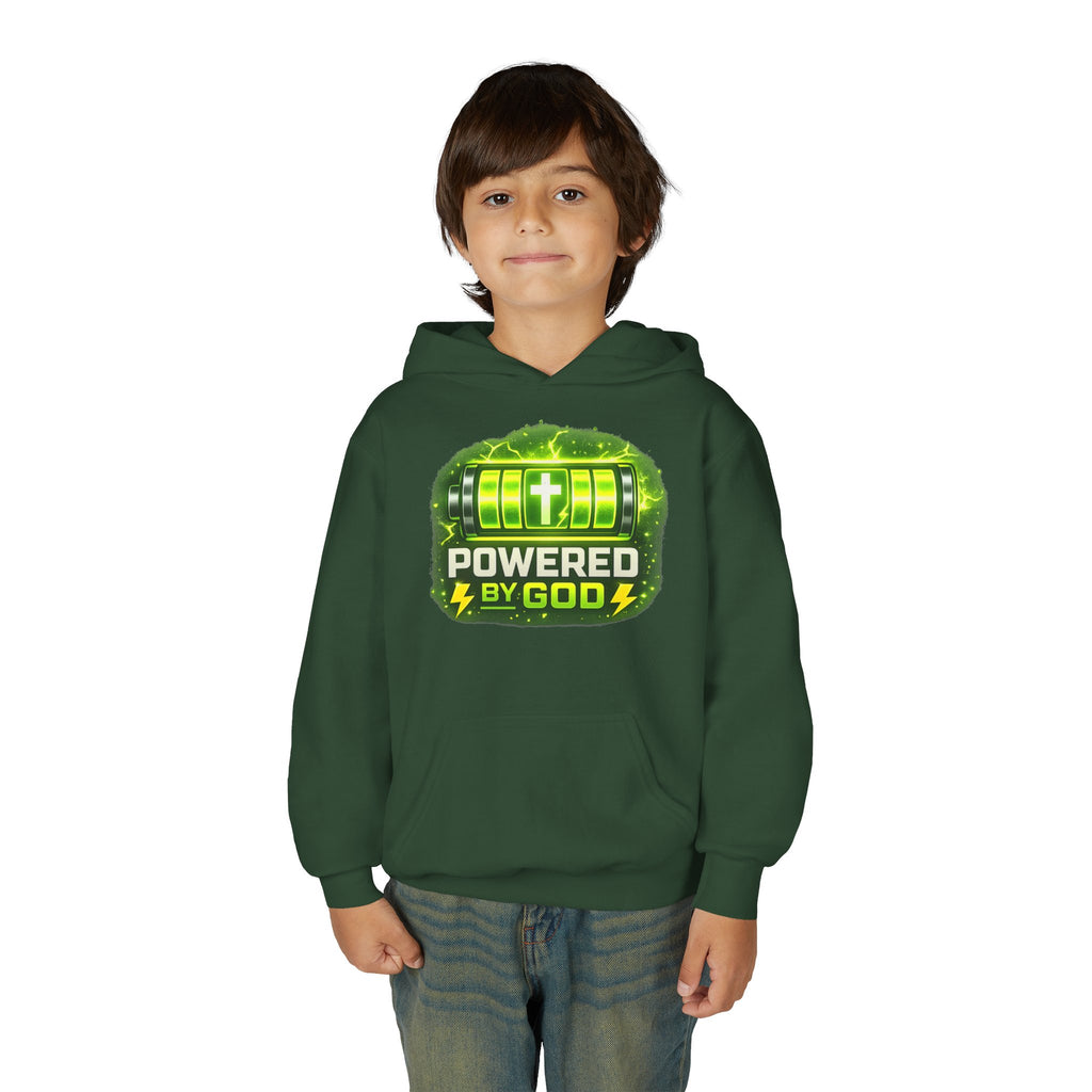 Youth Hoodie — "Powered by God" Green Battery Christian Sweatshirt