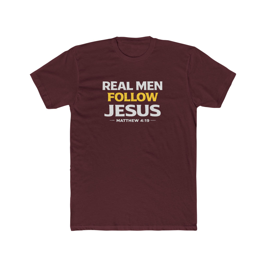 Real Men Follow Jesus Cotton Tee — Matthew 4:19 Christian Faith T-Shirt