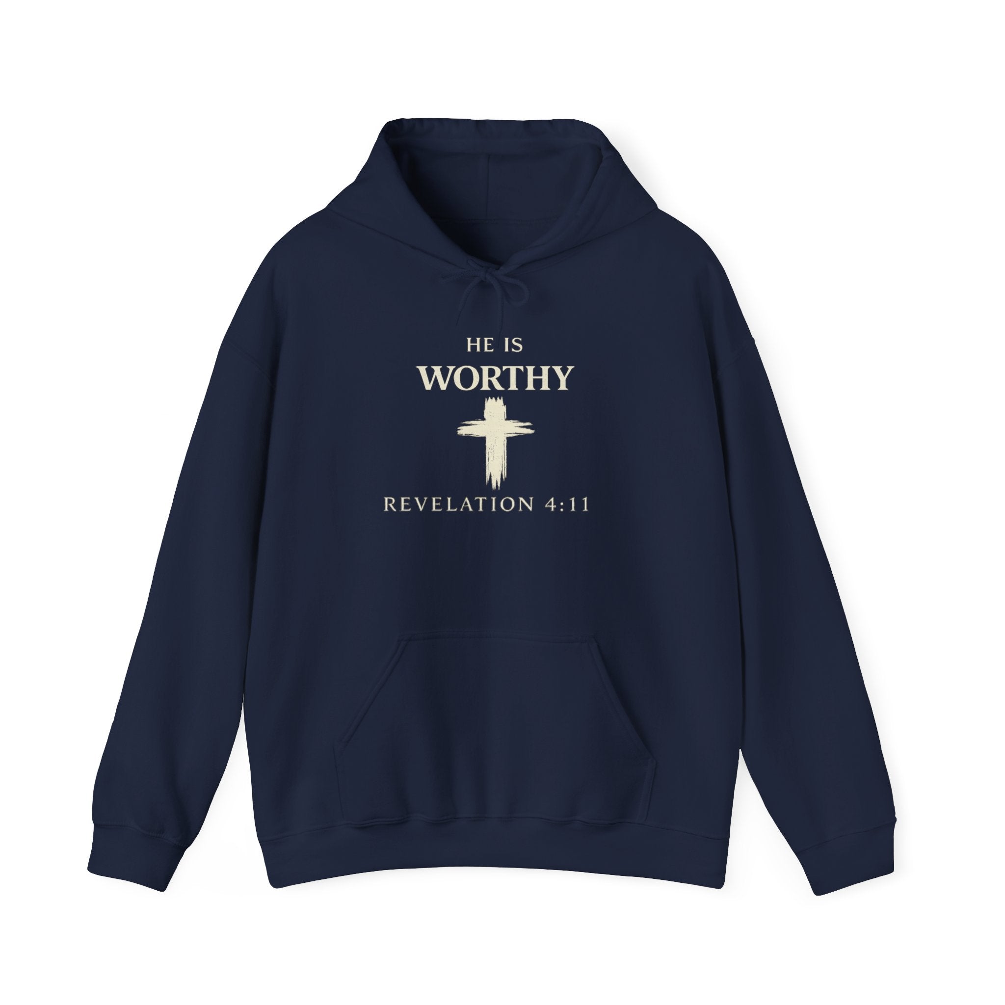 Mens Worthy Cross Hoodie — "He Is Worthy" Revelation 4:11 Christian Pullover