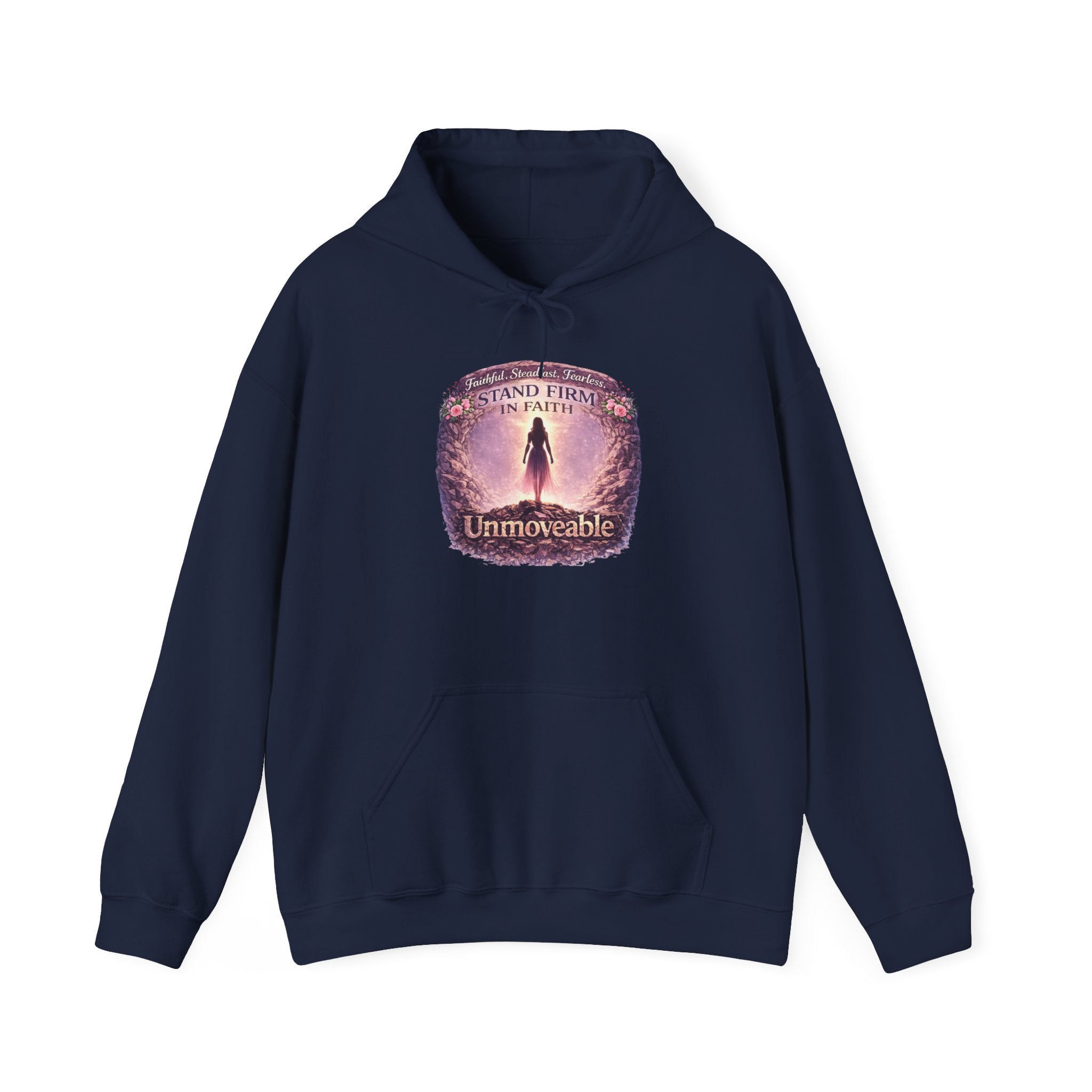 Womens Unmoveable Inspirational Hoodie — "Stand Firm in Faith" Spiritual Graphic Sweatshirt