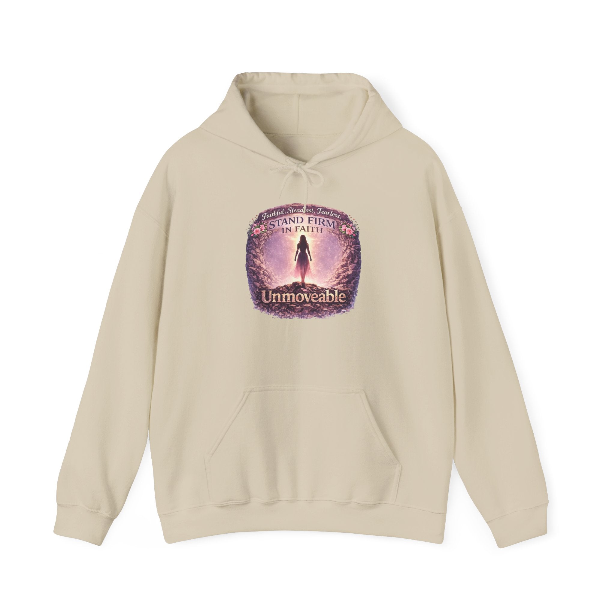 Womens Unmoveable Inspirational Hoodie — "Stand Firm in Faith" Spiritual Graphic Sweatshirt