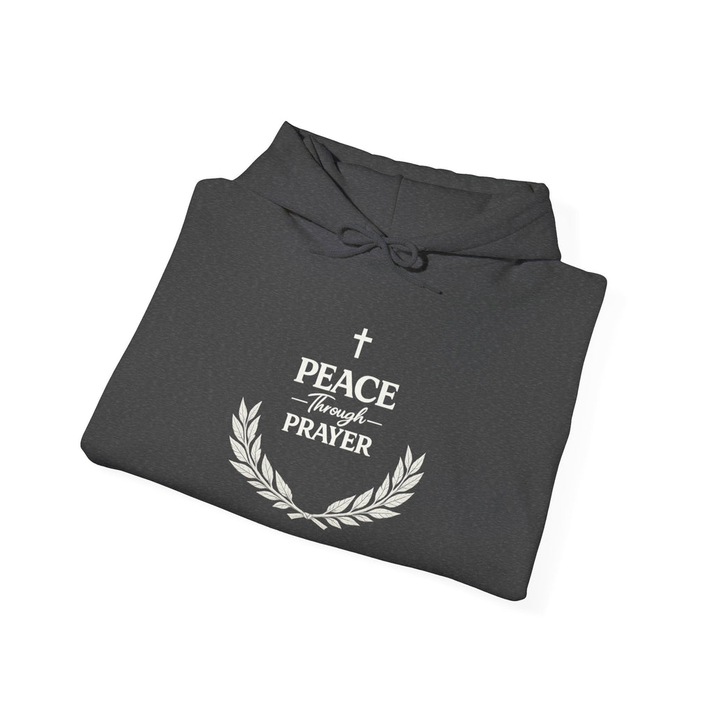 Mens Hoodie "Peace Through Prayer" Religious Laurel Cross Hoodie