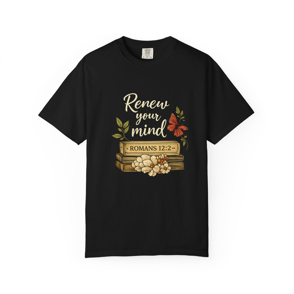 Renew Your Mind T-Shirt – Romans 12:2 Floral Butterfly Christian Tee
