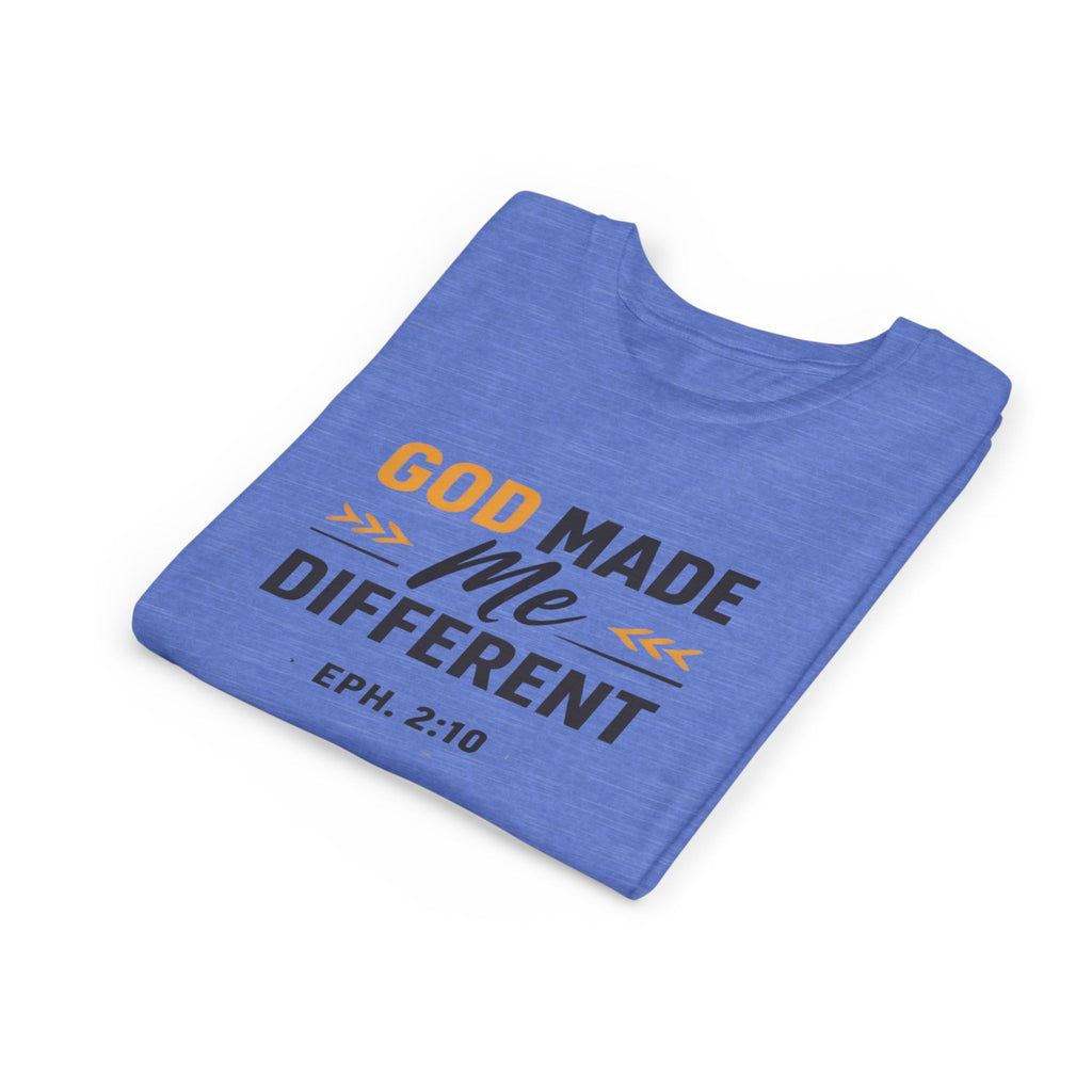 Girls Youth Tee – "God Made Me Different" Christian Kids T‑Shirt (Eph. 2:10)
