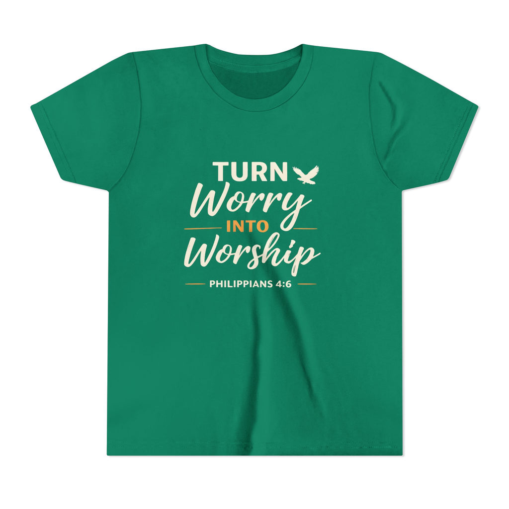 Girls Youth Tee - "Turn Worry Into Worship" Philippians 4:6 Christian Kids Shirt