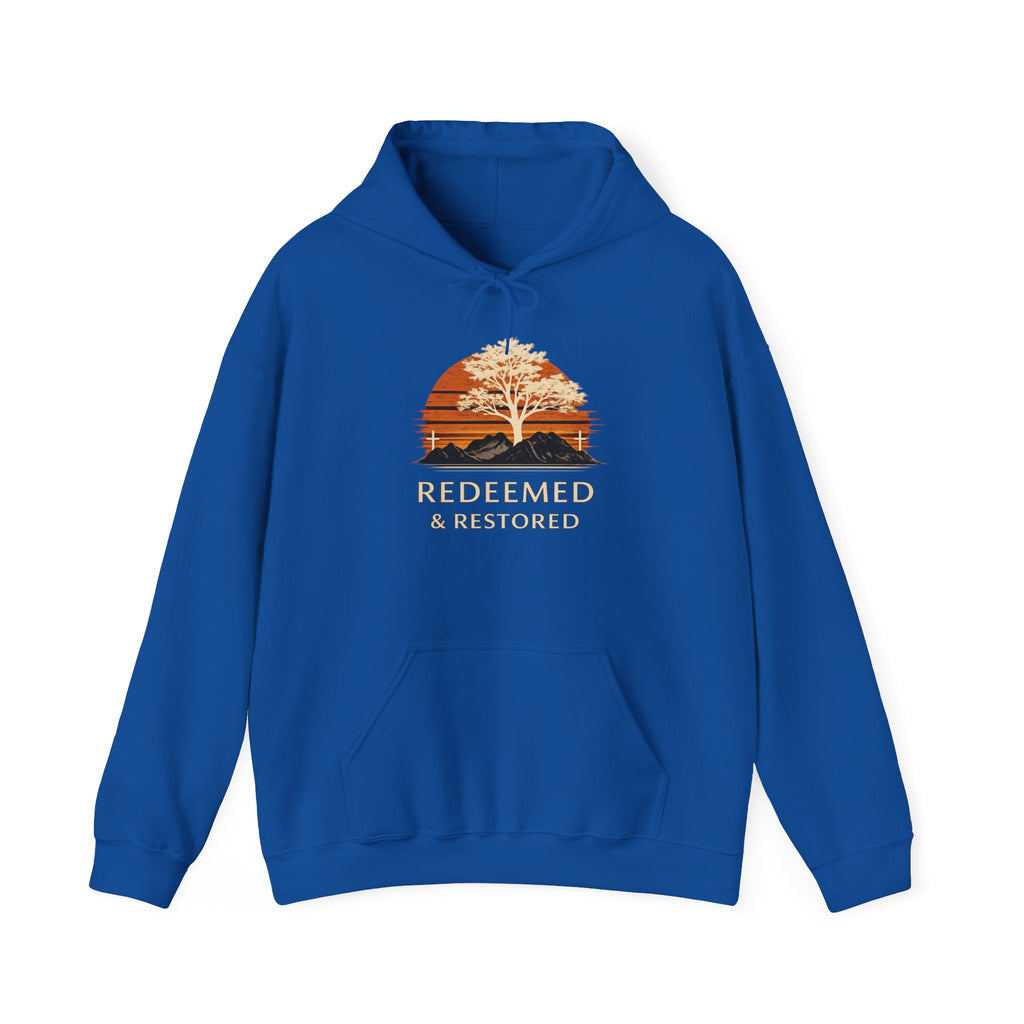 Mens Redeemed & Restored Hoodie — Inspirational Christian Tree Sunset Pullover