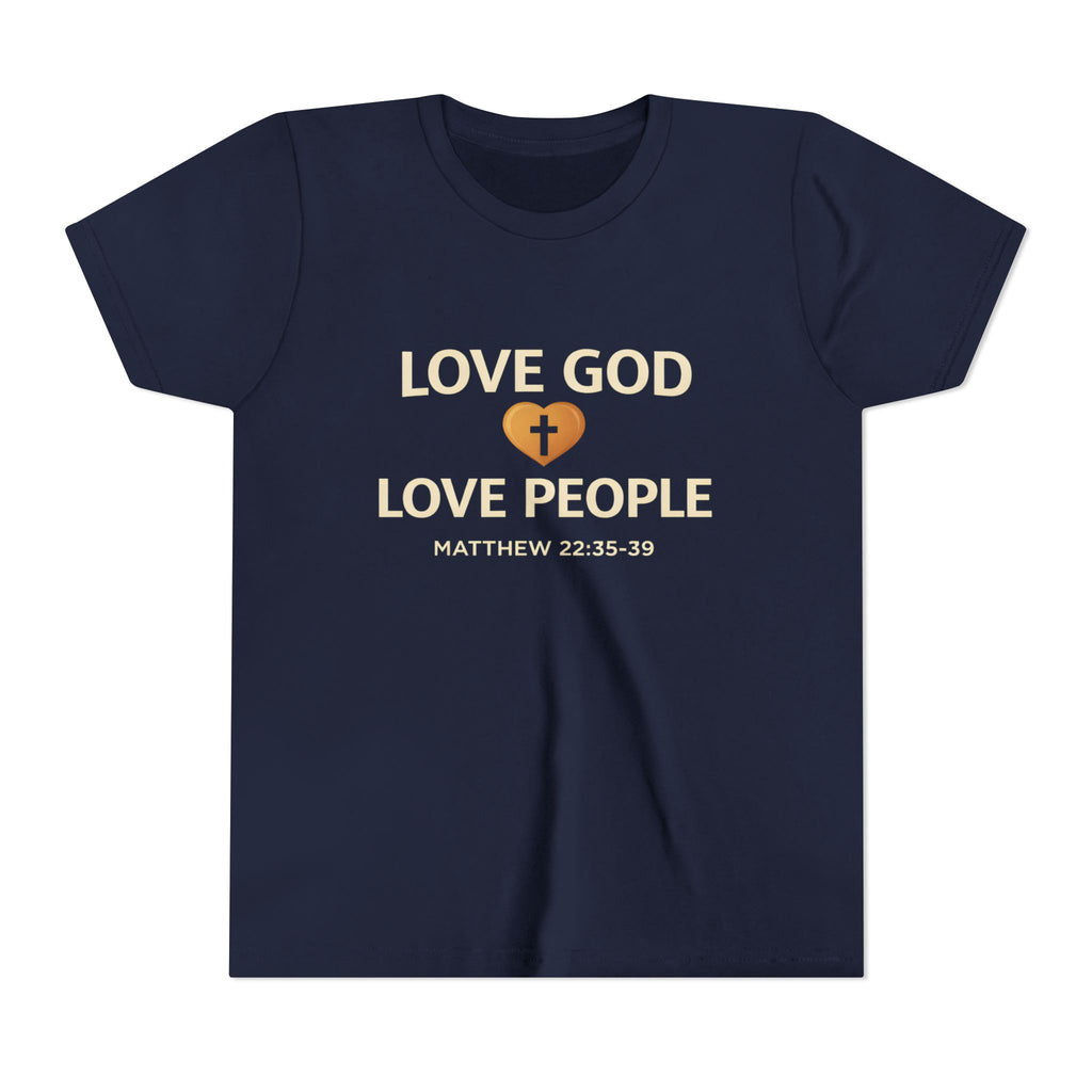 Boys Youth Tee — "Love God Love People" Bible Verse Matthew 22:37-39 Christian Kids Shirt