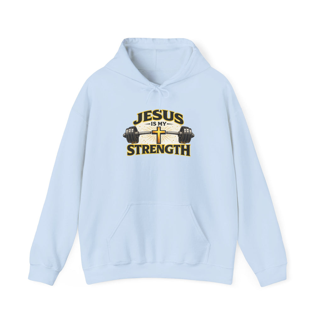 Mens Jesus Is My Strength Hoodie — Christian Faith Cross & Barbell Pullover