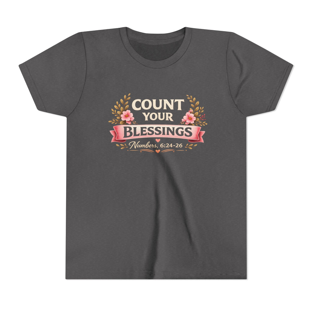 Girls Youth Tee - "Count Your Blessings" Floral Scripture Kids Shirt (Numbers 6:24-26)