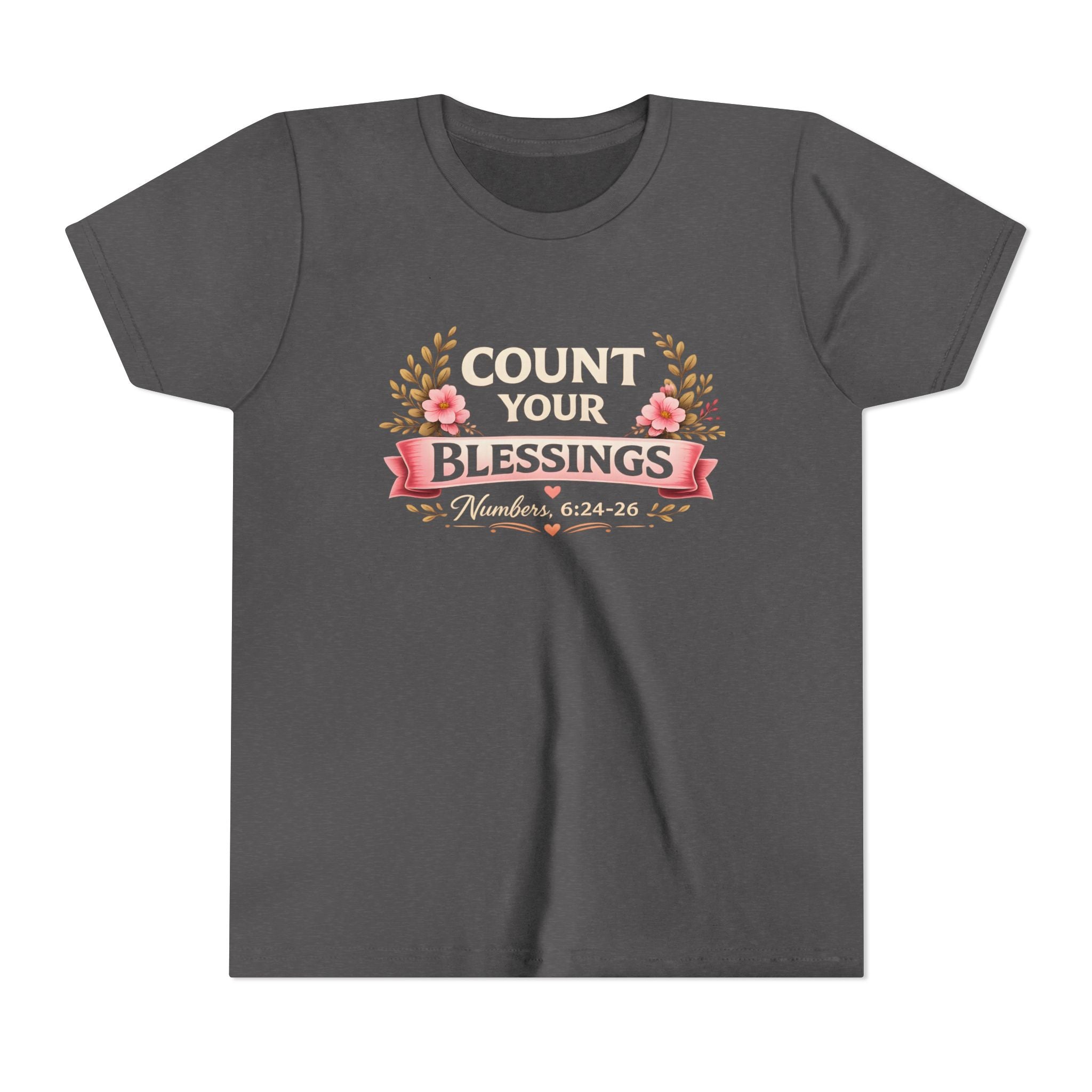 Girls Youth Tee - "Count Your Blessings" Floral Scripture Kids Shirt (Numbers 6:24-26)