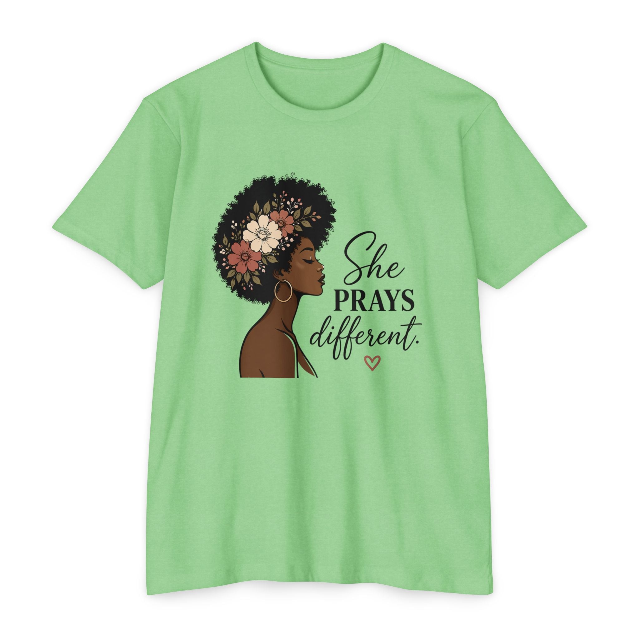 She Prays Different T-Shirt — Floral Afro Woman Inspirational Christian Tee