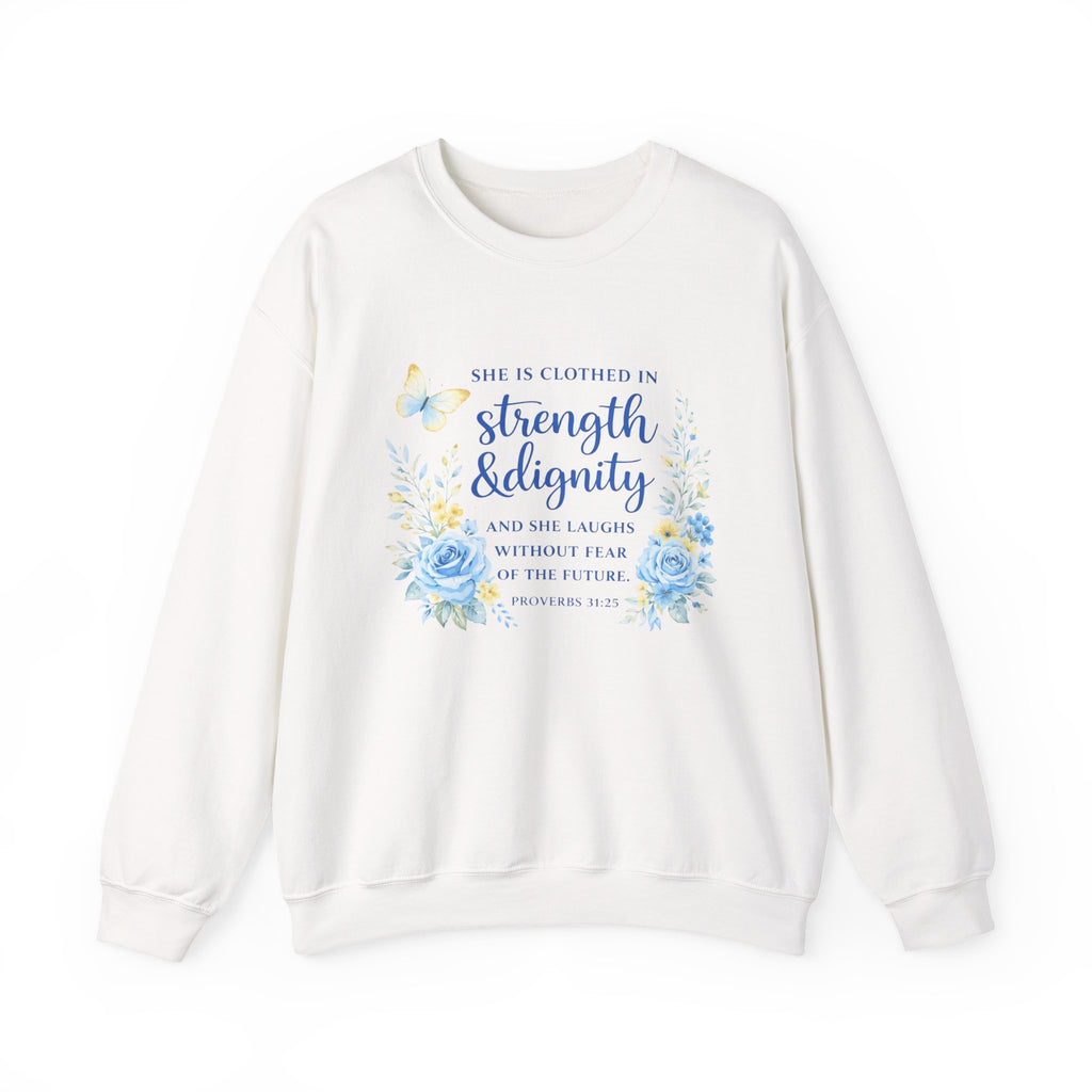 Womens Strength & Dignity Crewneck Sweatshirt — Inspirational Floral Scripture Design