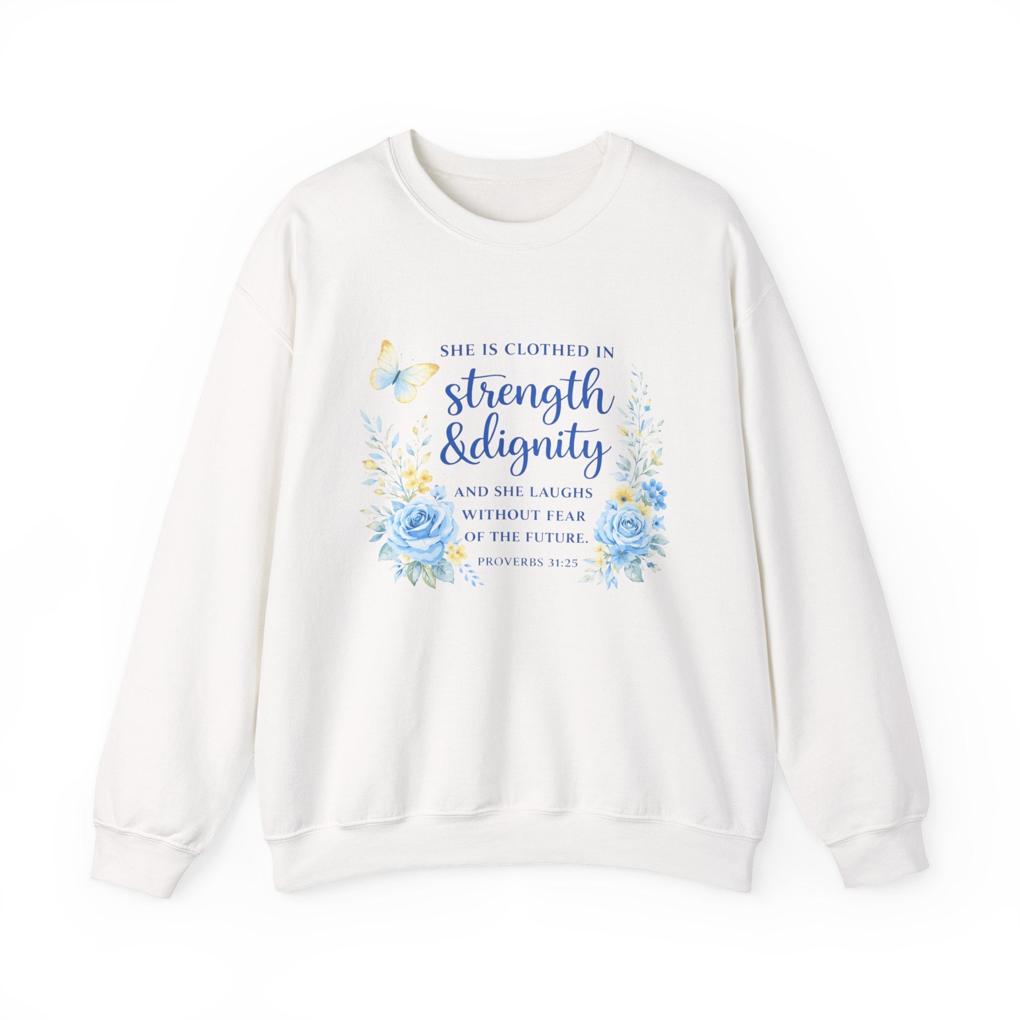 Womens Strength & Dignity Crewneck Sweatshirt — Inspirational Floral Scripture Design