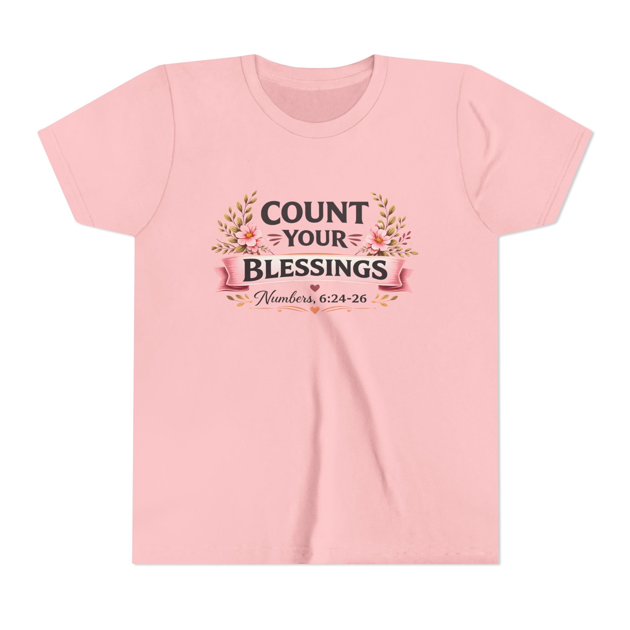 Girls Youth Tee - "Count Your Blessings" Floral Scripture Kids Shirt (Numbers 6:24-26)