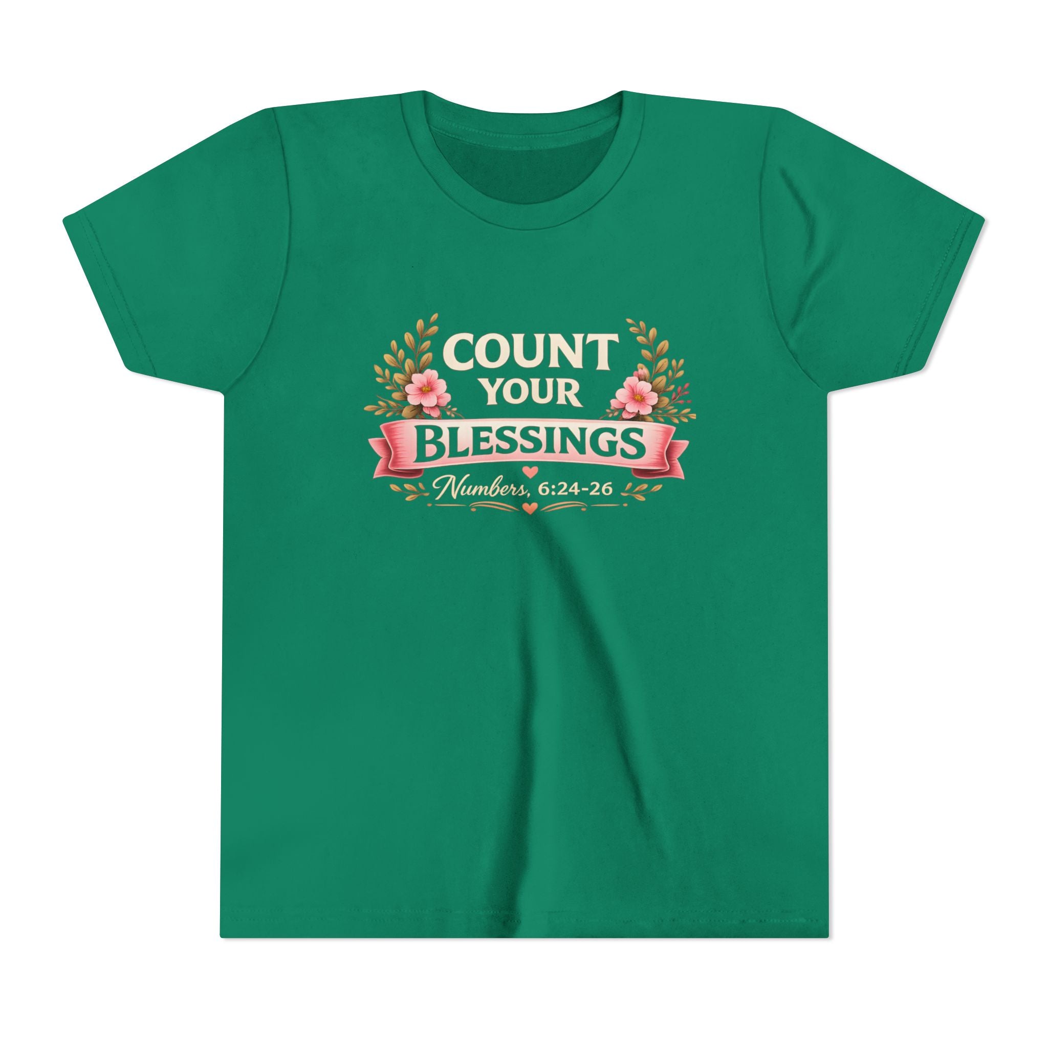 Girls Youth Tee - "Count Your Blessings" Floral Scripture Kids Shirt (Numbers 6:24-26)