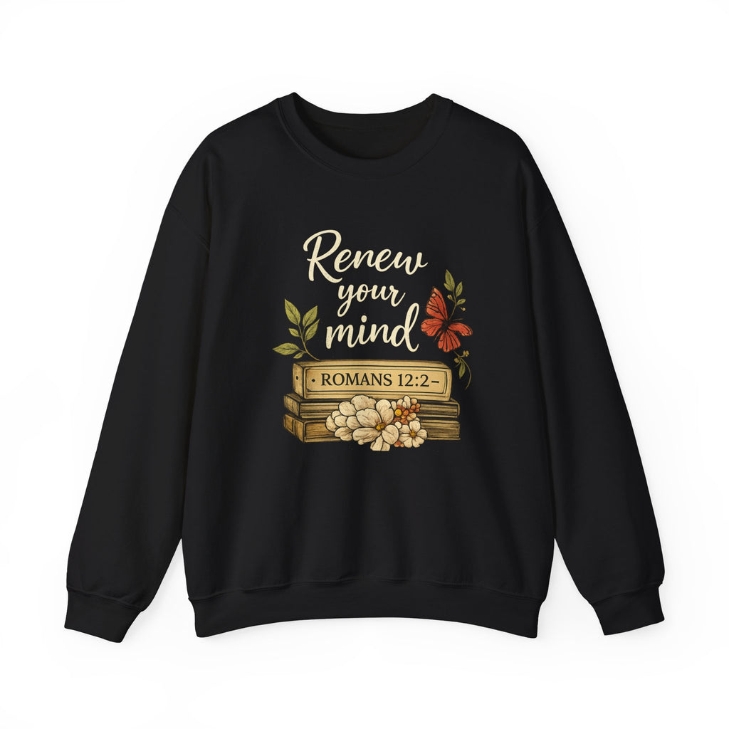 Womens Crewneck Sweatshirt - "Renew Your Mind" Romans 12:2 Floral Christian Pullover