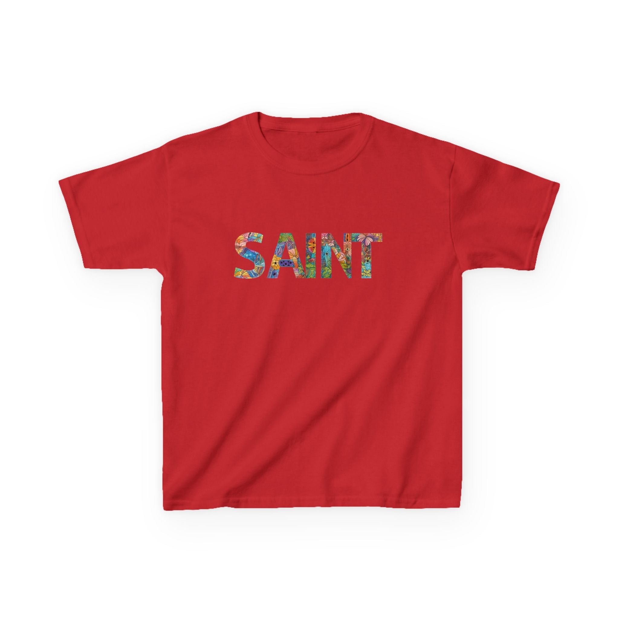 Girls Saint Kids T‑Shirt — Colorful Patterned Lettering Tee for Children