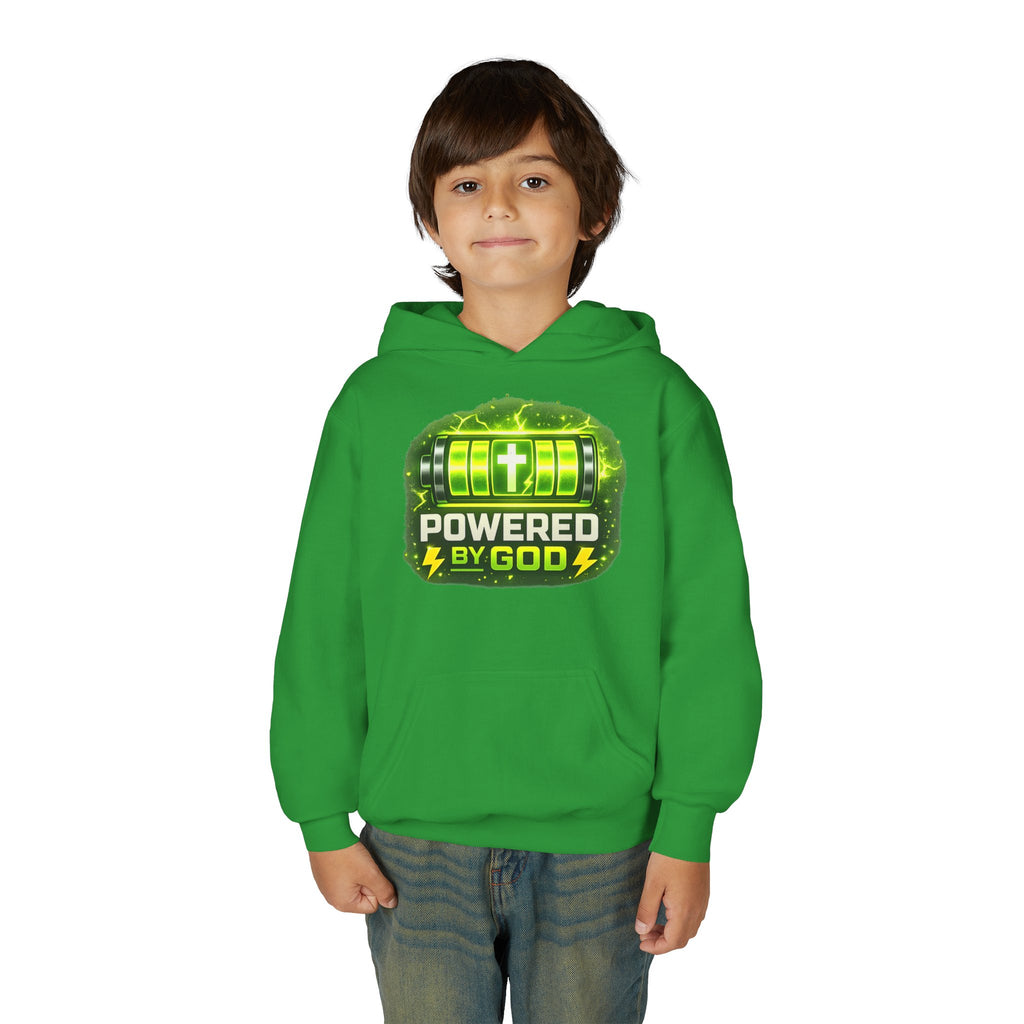 Youth Hoodie — "Powered by God" Green Battery Christian Sweatshirt