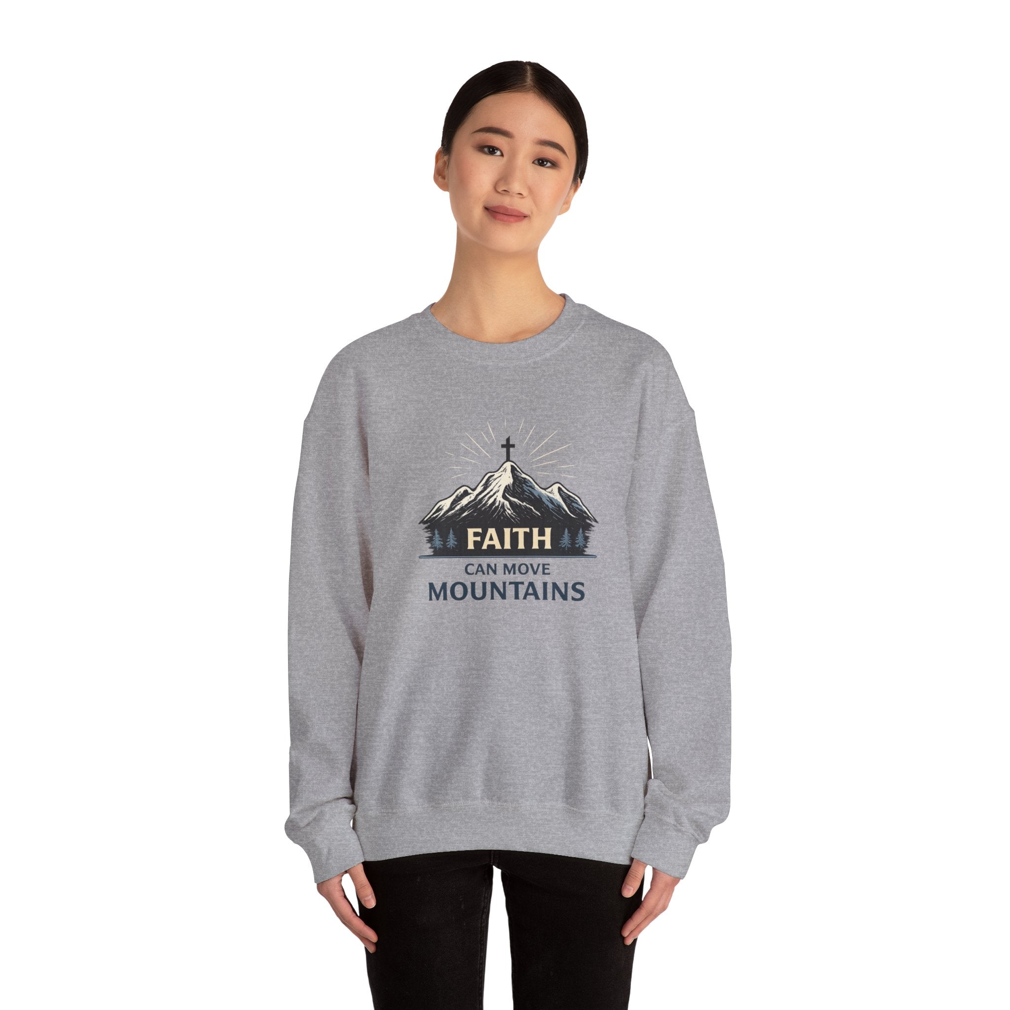 Womens Faith Can Move Mountains Crewneck Sweatshirt – Christian Inspirational Pullover