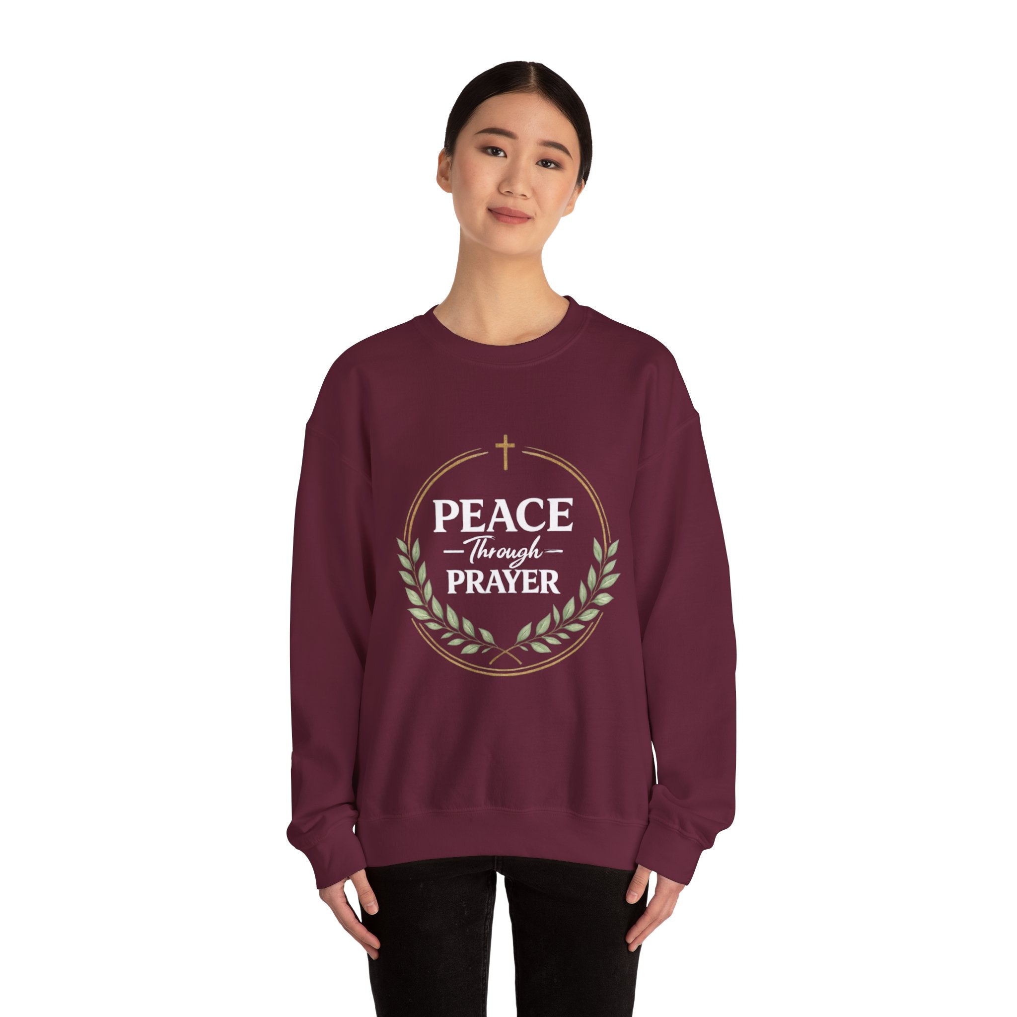 Womens Peace Through Prayer Crewneck Sweatshirt — Christian Faith Graphic Sweatshirt