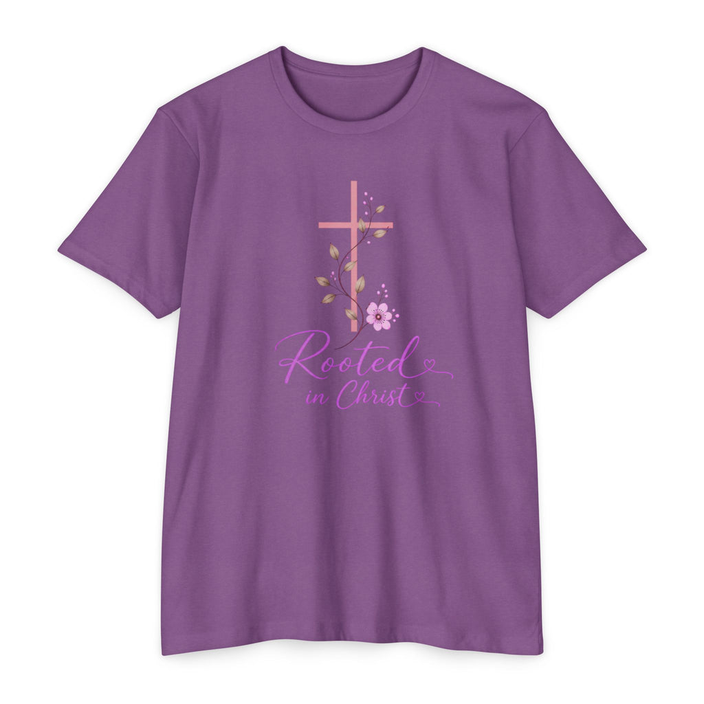 Womens Rooted in Christ Bible and Cross T-shirt | Christian Faith Tee