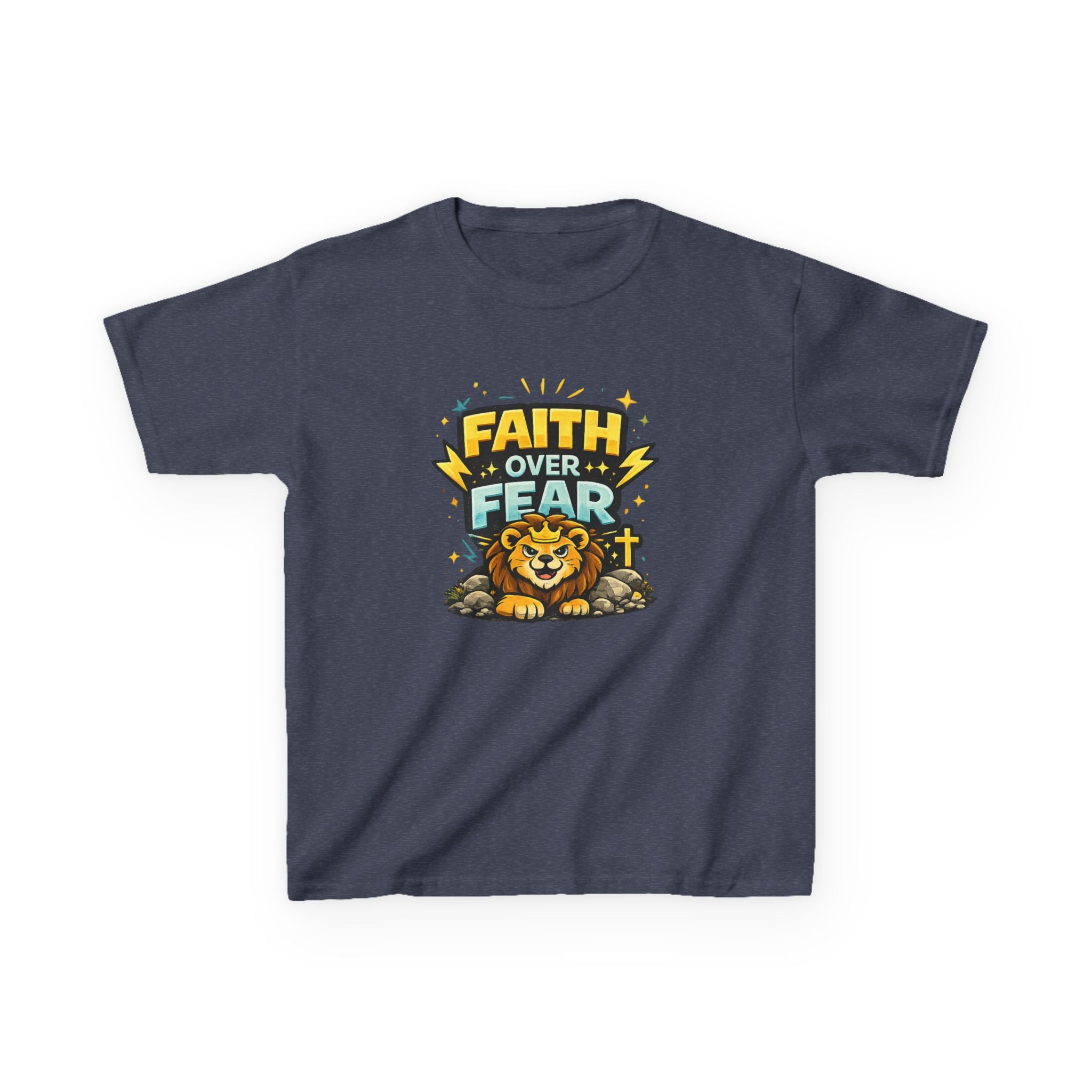 Kids Tee — "Faith Over Fear" Lion Graphic Christian Shirt
