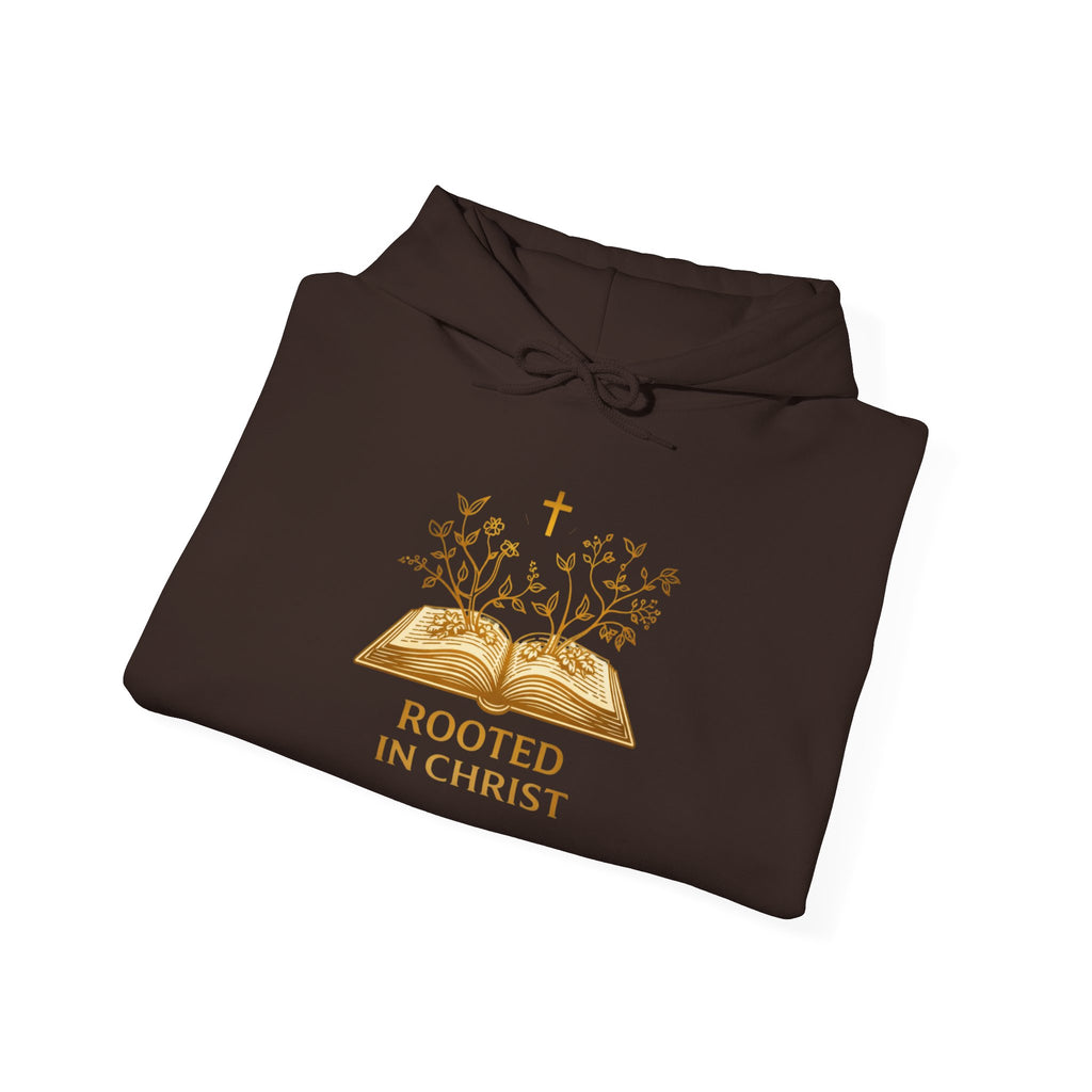 Womens Rooted in Christ Hoodie — Christian Faith Bible Cross Pullover