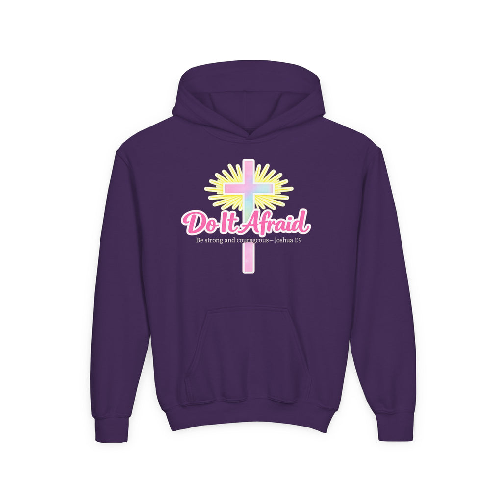 Youth Hoodie — "Do It Afraid" Christian Cross Inspirational Sweatshirt (Joshua 1:9)