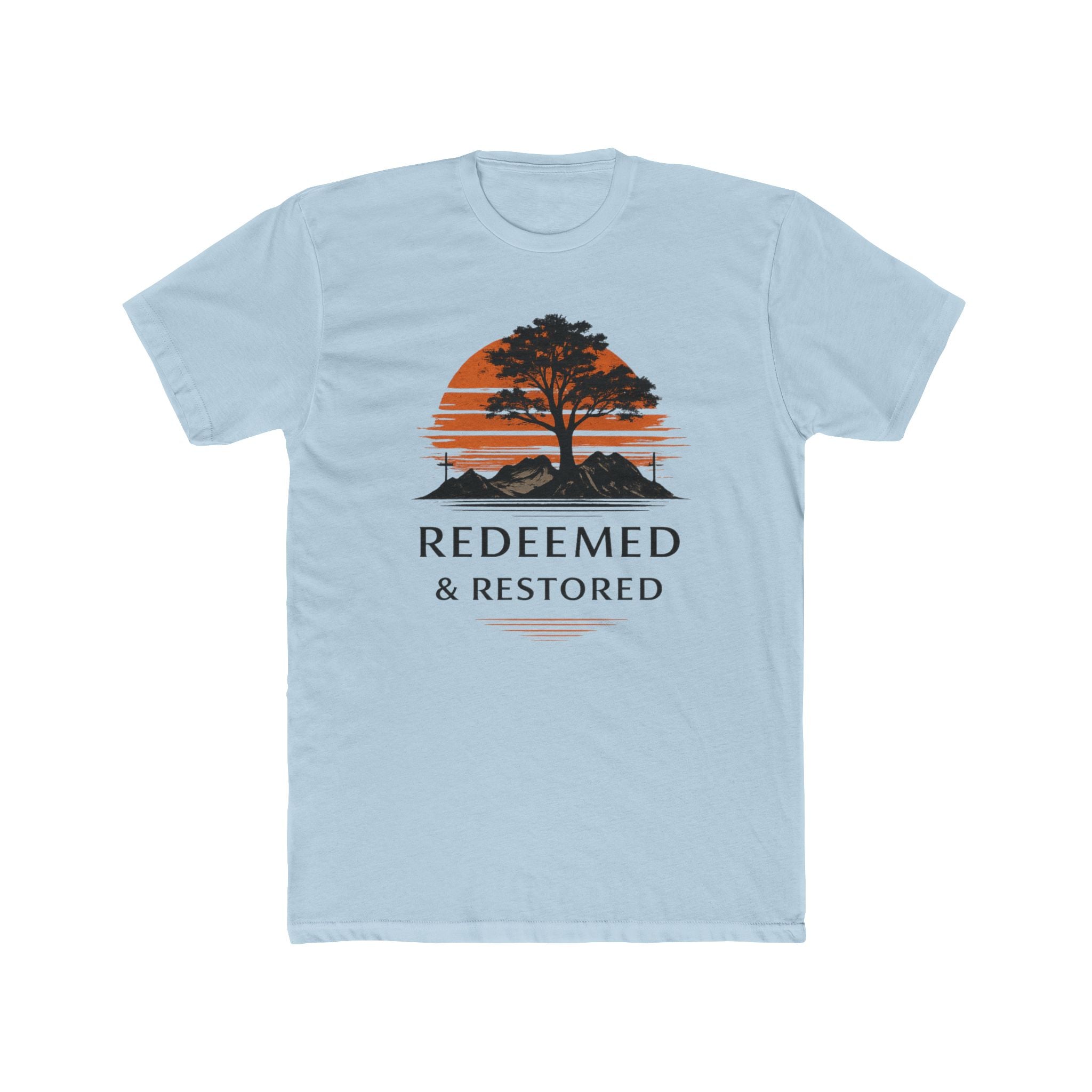 Redeemed & Restored Tee — Faith-Inspired Tree Sunset Graphic T-Shirt