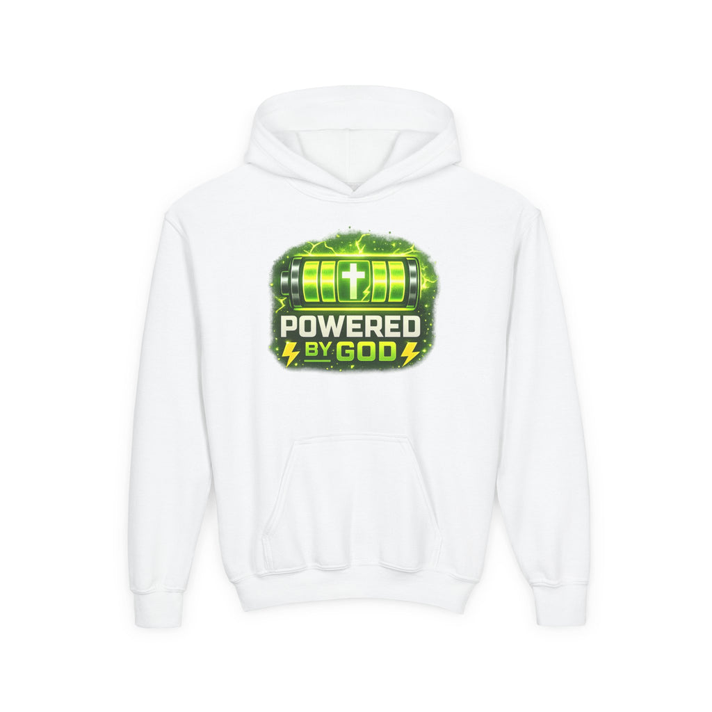 Youth Hoodie — "Powered by God" Green Battery Christian Sweatshirt