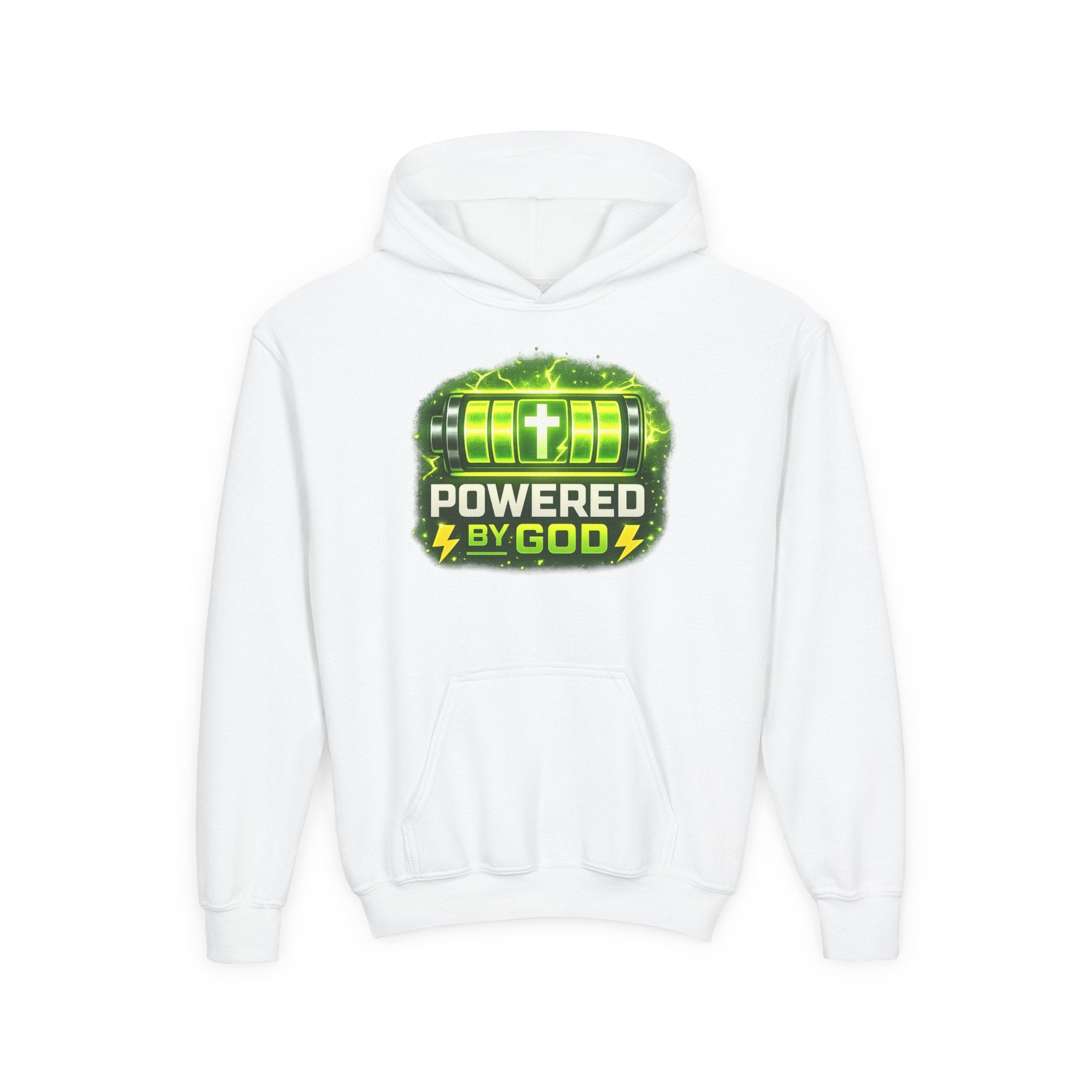 Youth Hoodie — "Powered by God" Green Battery Christian Sweatshirt