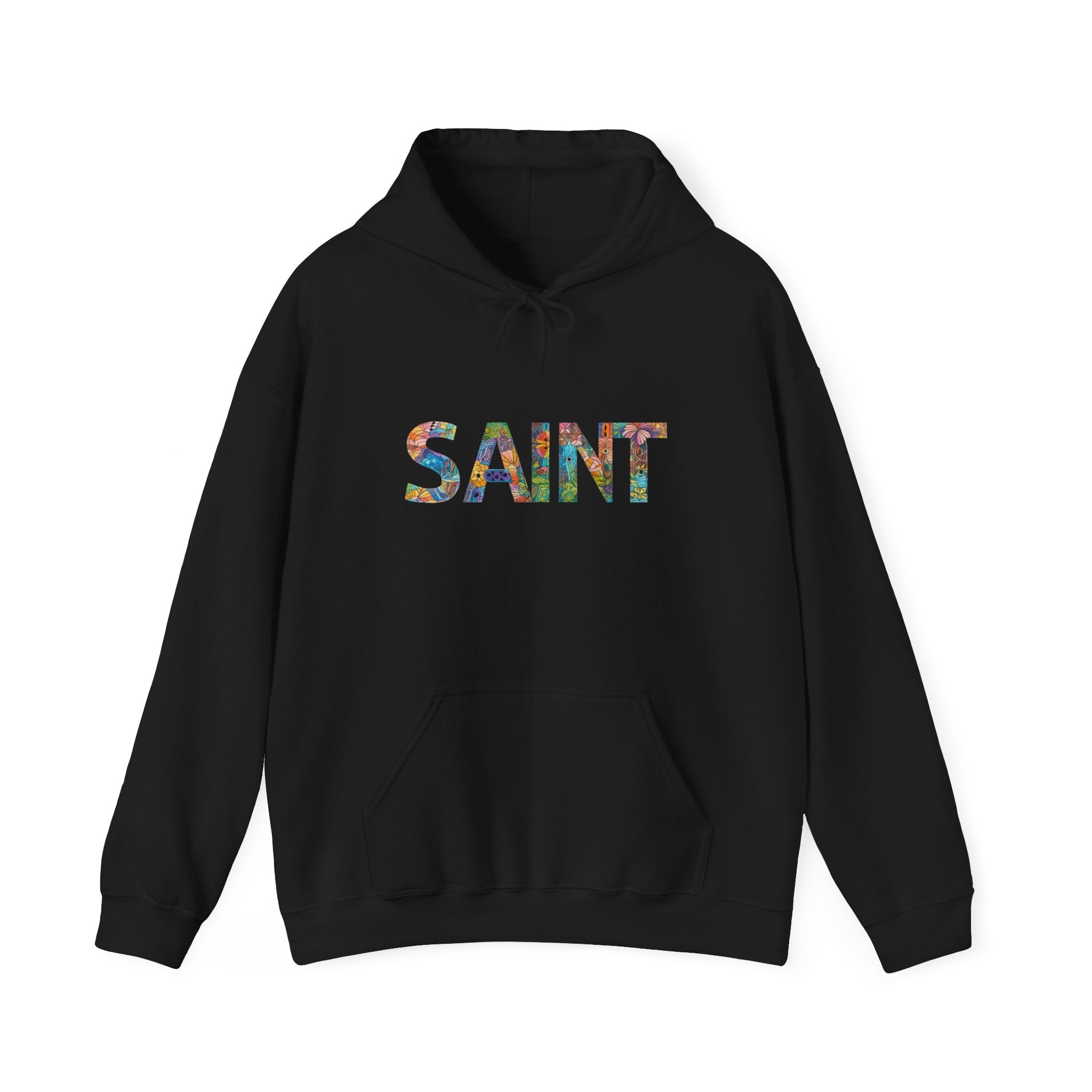 Mens Saint Floral Hoodie  Colorful Botanical Lettering Pullover